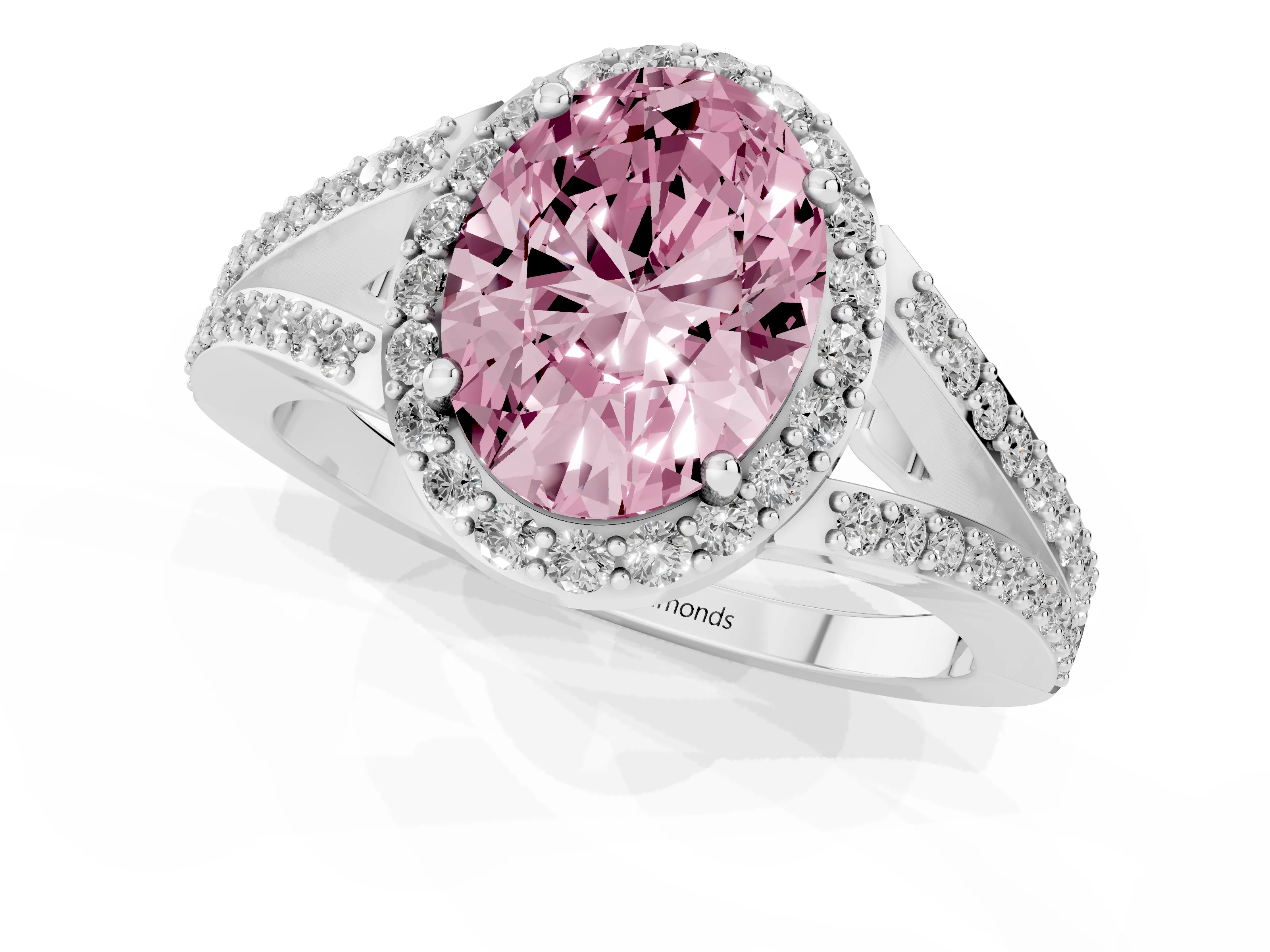 Fancy Pink Oval Cut Diamond Halo Split Shank Ring Set in White gold with Accent Stones and Prong Setting