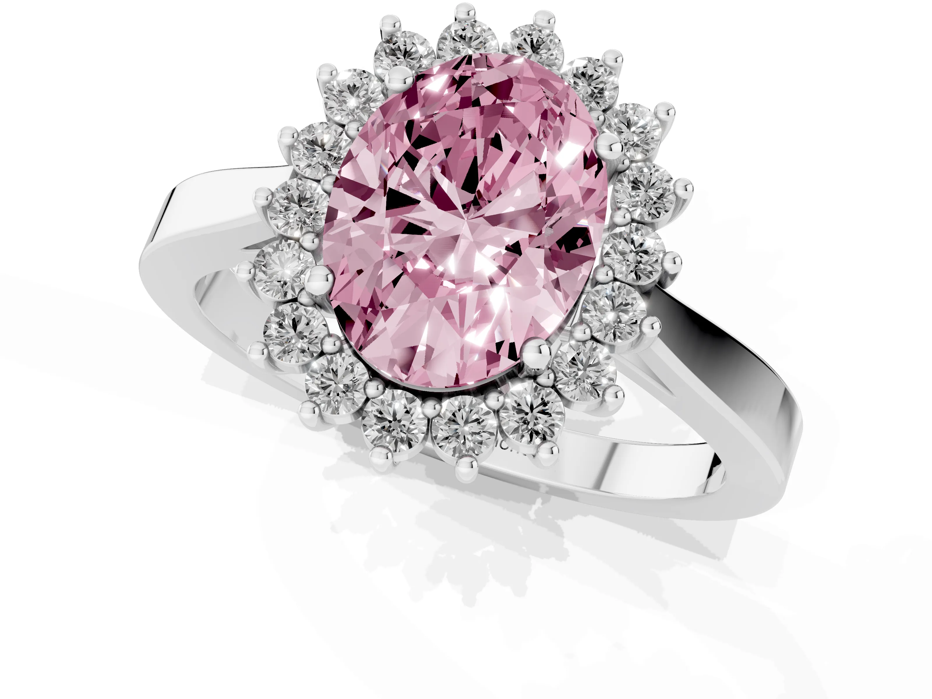 Fancy Pink Oval Cut Diamond Halo Ring Set in White gold with Round Halo and Smooth Solitaire Band