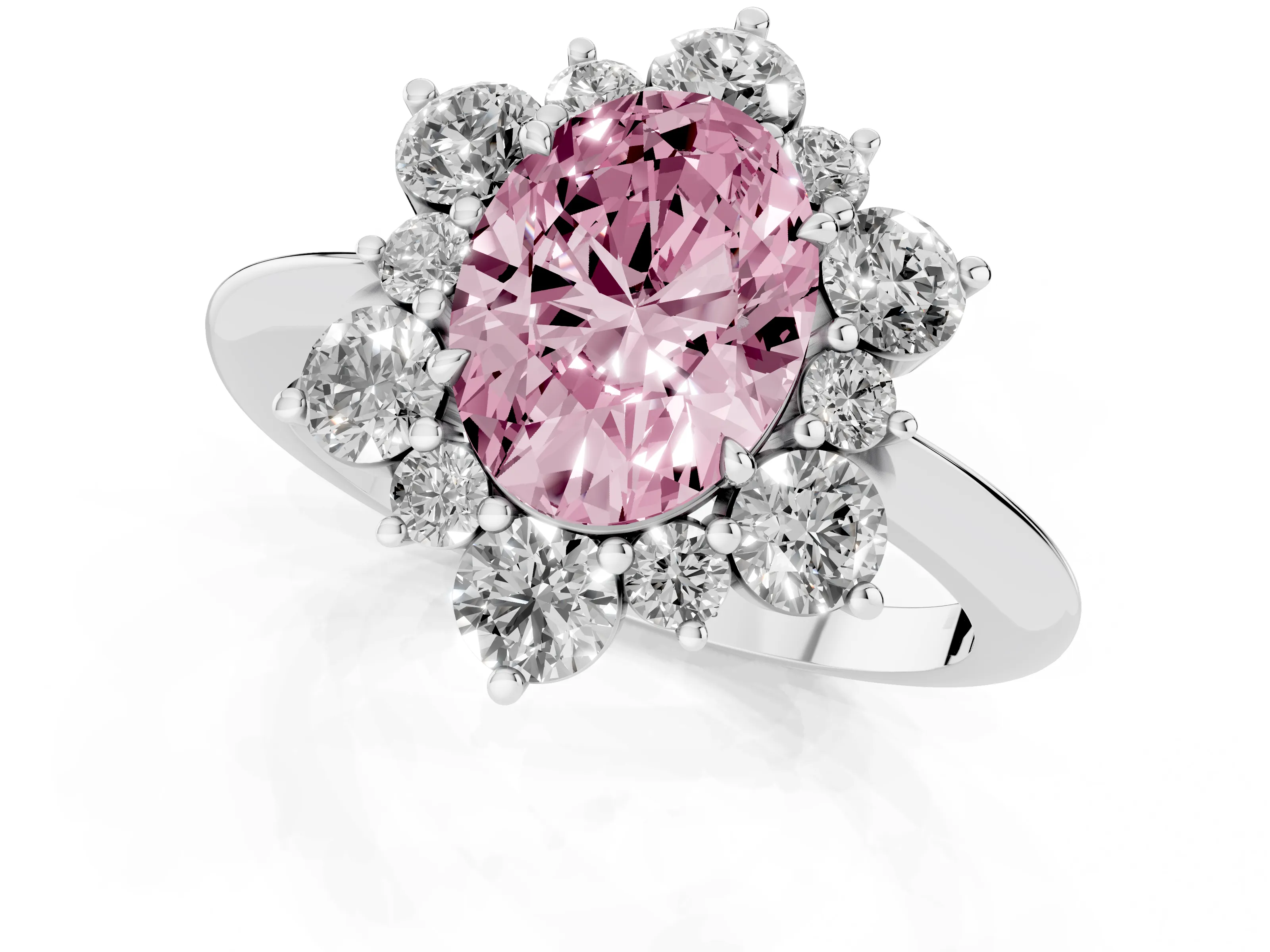 Fancy Pink Oval Cut Diamond Cluster Halo Ring Set in Platinum with Solitaire Band and Prong Setting – second view