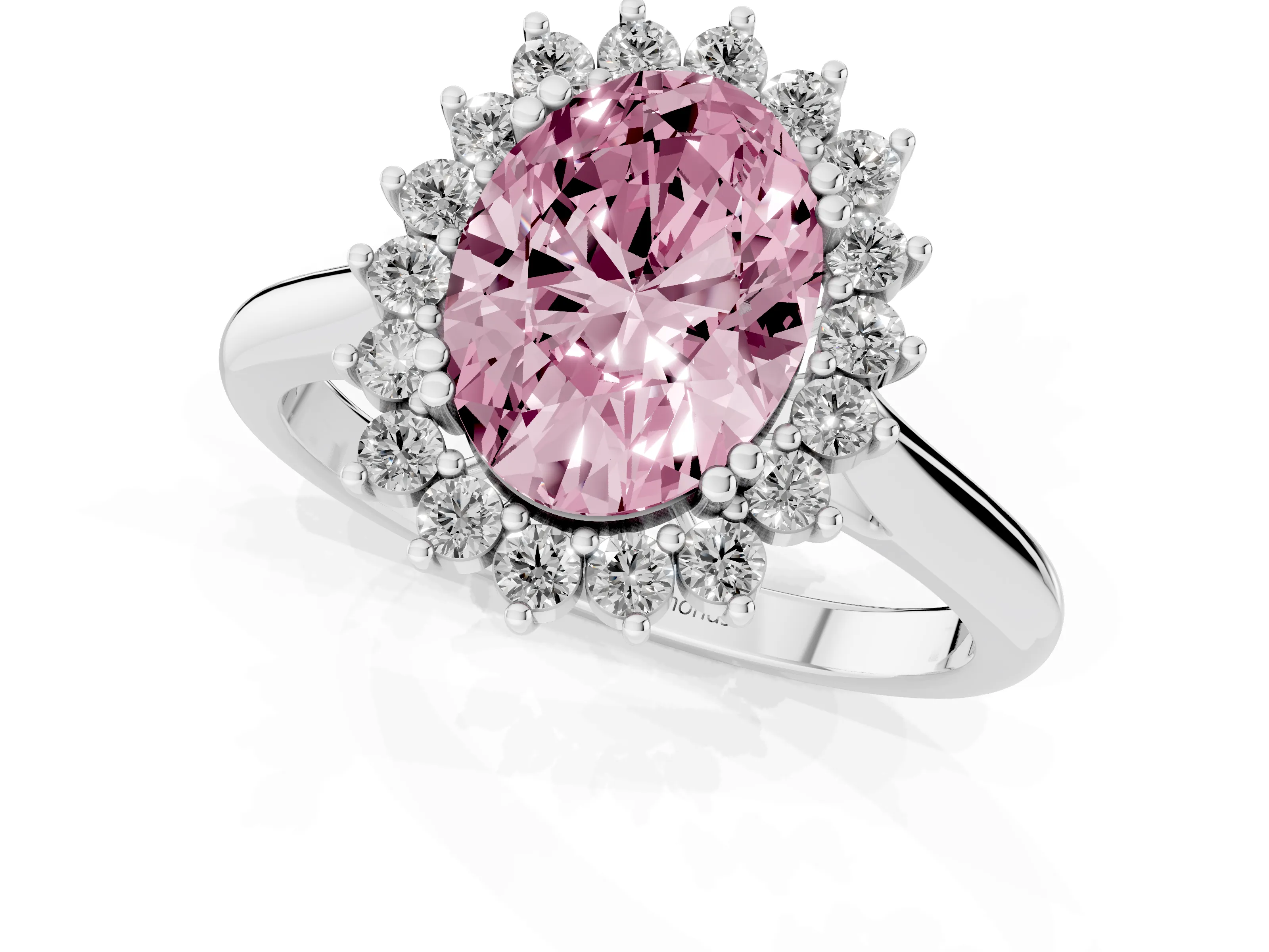 Fancy Pink Oval Cut Diamond Halo Ring Set in White gold with Plain Solitaire Band and Prong Setting