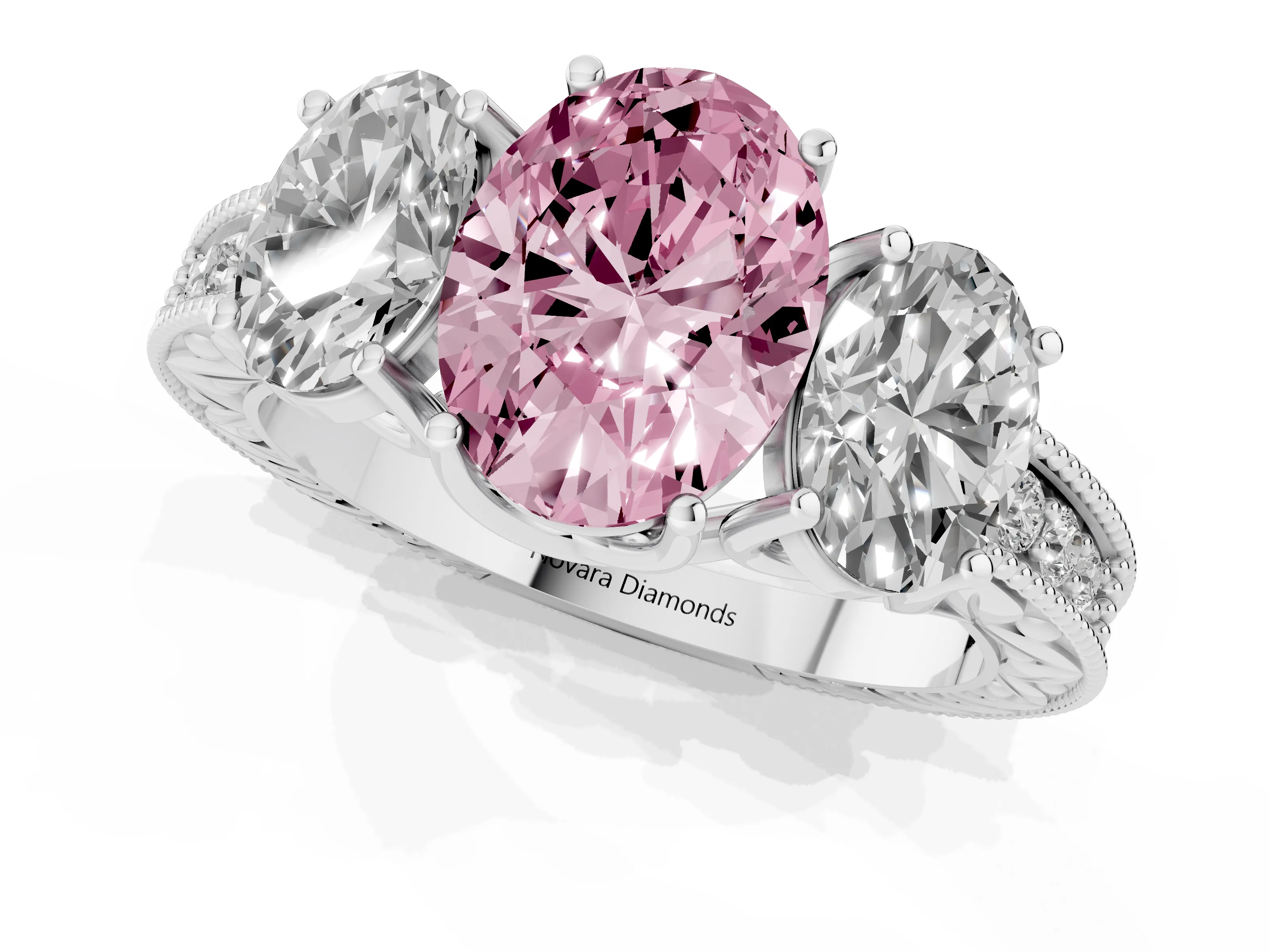 Fancy Pink Oval Cut Diamond Three-Stone Engagement Ring Set in Silver with Milgrain Pavé Band