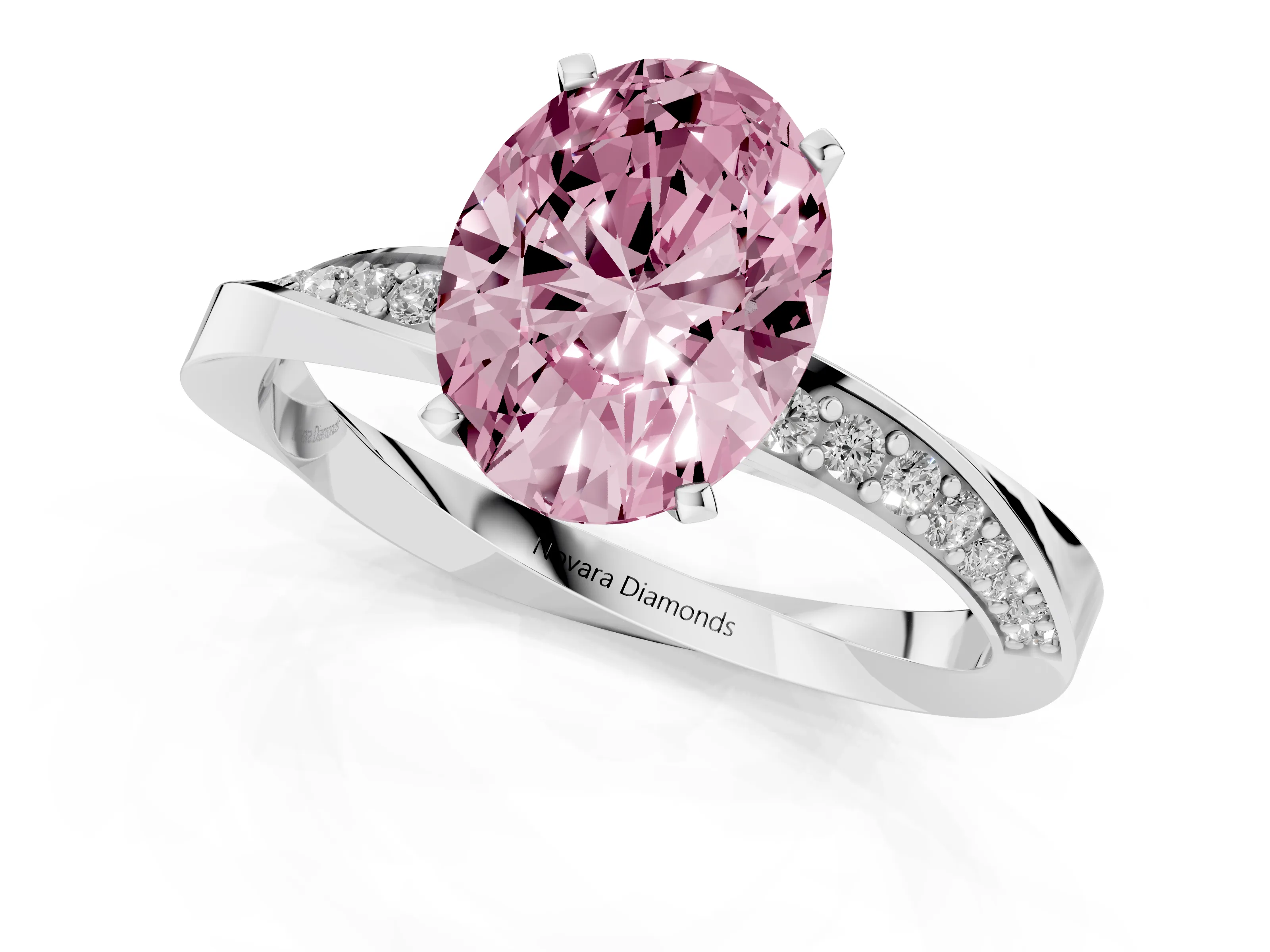 Fancy Pink Oval Cut Diamond Engagement Ring Set in White gold with Side Stone Accents and Prong Setting