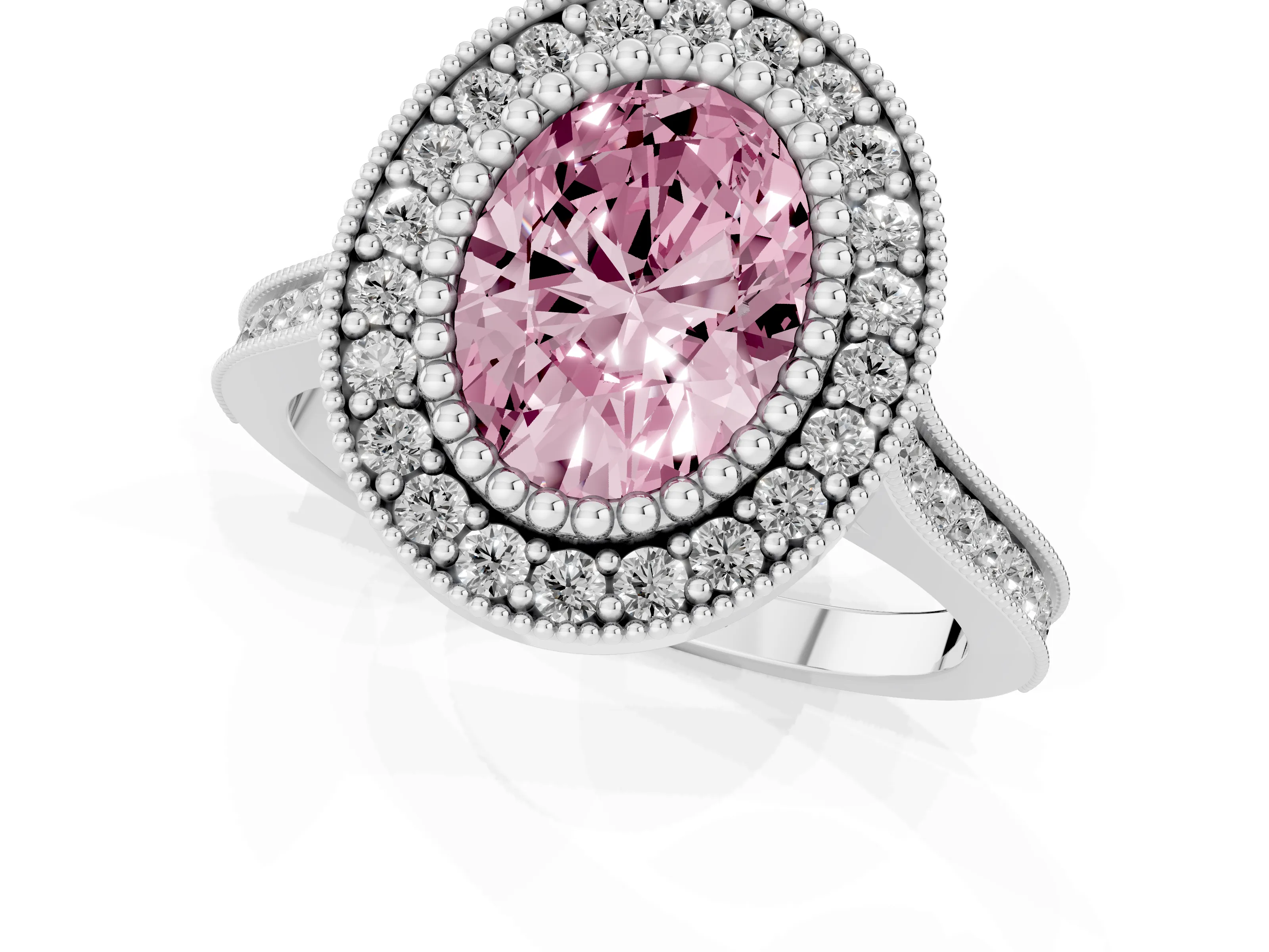 Fancy Pink Oval Cut Diamond Halo Ring Set in Silver with Milgrain Frame and Pavé Band