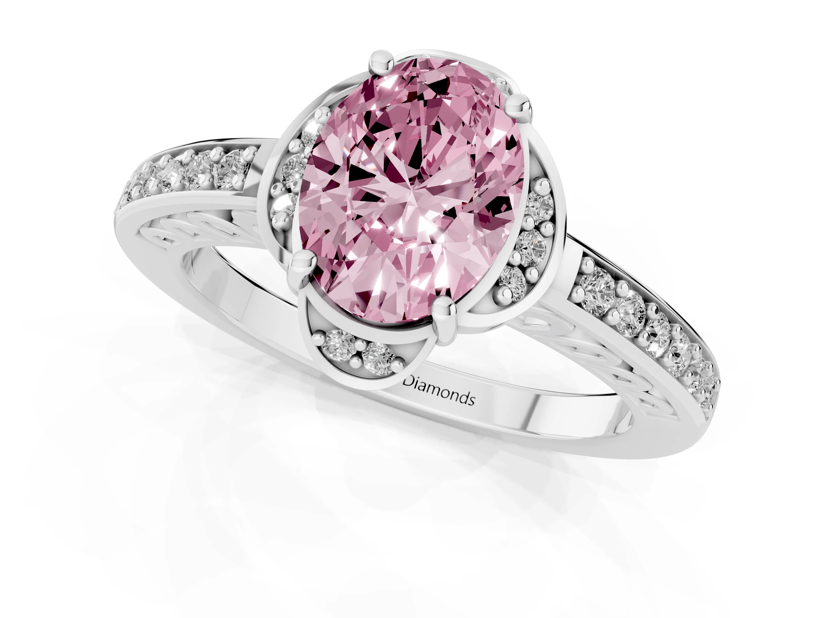 Fancy Pink Oval Cut Diamond Halo Ring Set in Silver with Channel Set Band and Prong Setting