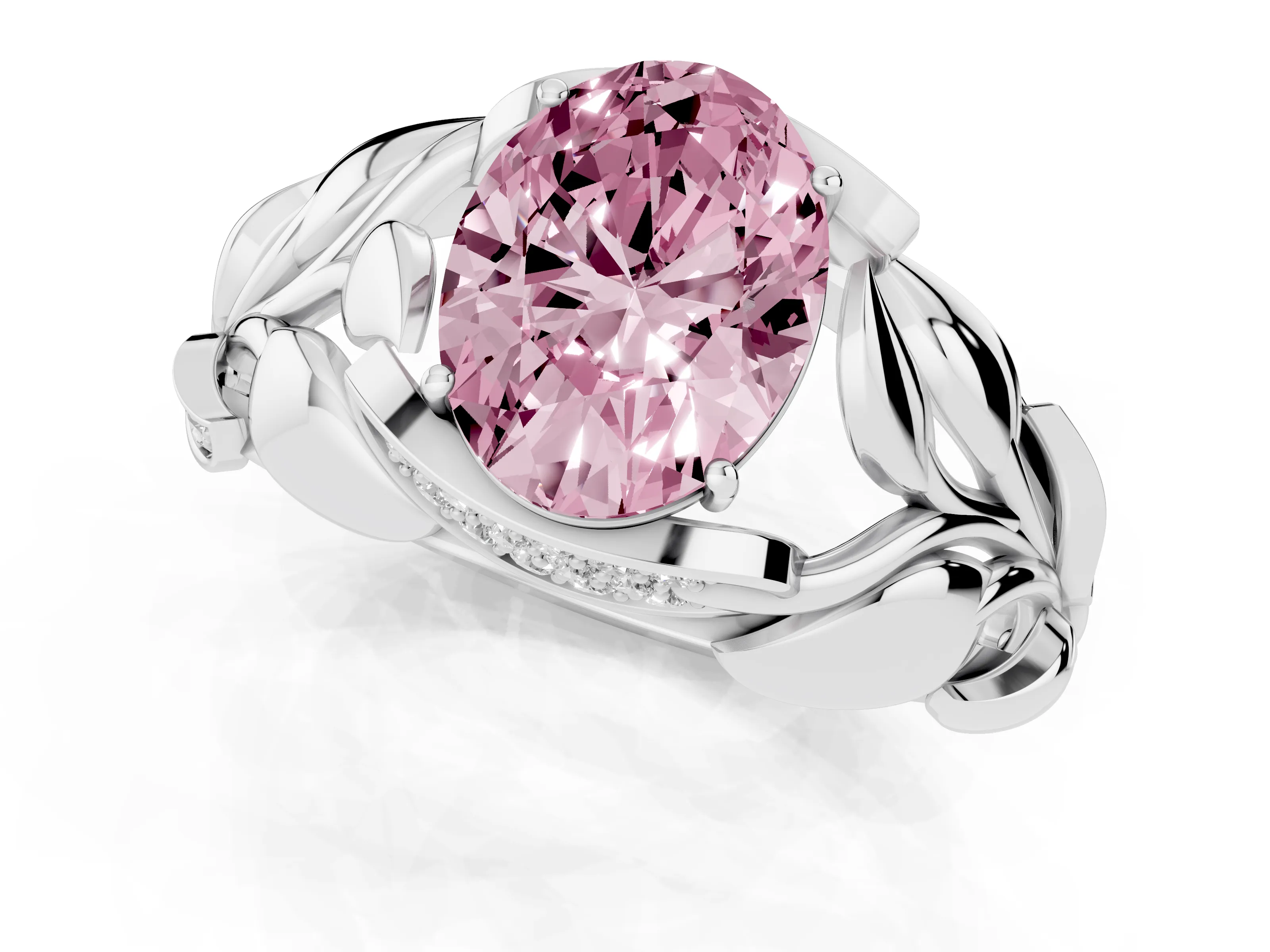 Fancy Pink Oval Cut Diamond Leaf-Inspired Engagement Ring Set in Platinum with Round Accents