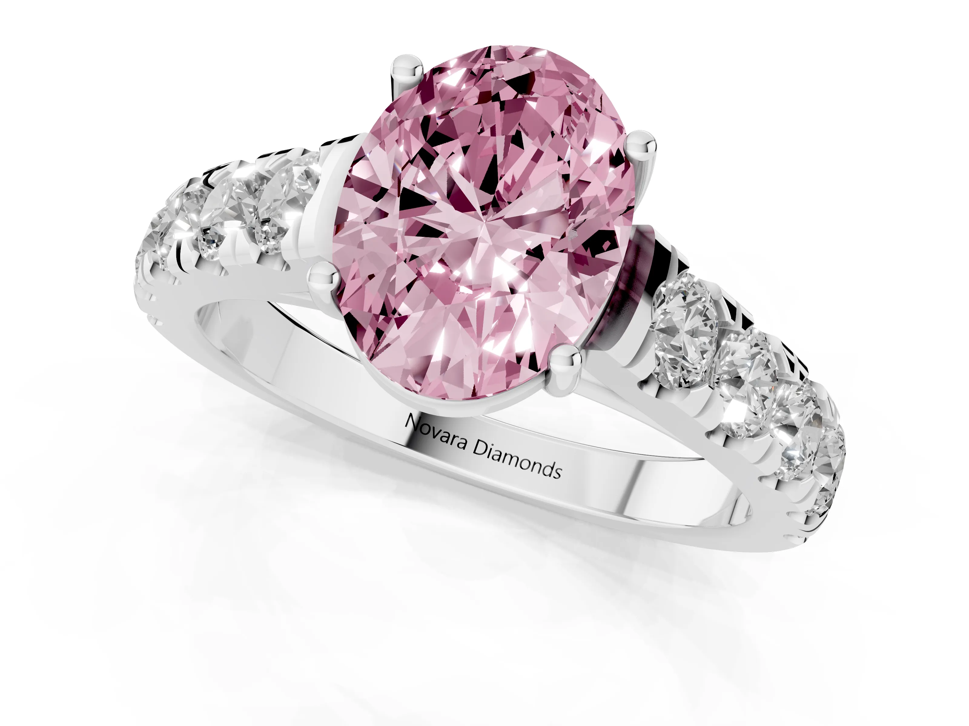 Fancy Pink Oval Cut Diamond Solitaire Ring Set in White gold with Cut-Down Micro Pavé Band and Prong Setting
