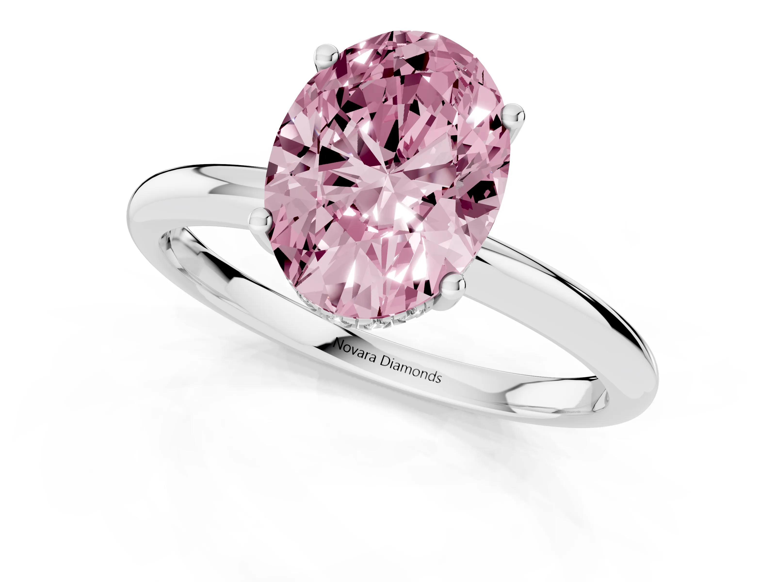 Fancy Pink Oval Cut Diamond Solitaire Engagement Ring Set in Platinum with Prong Setting and Polished Band