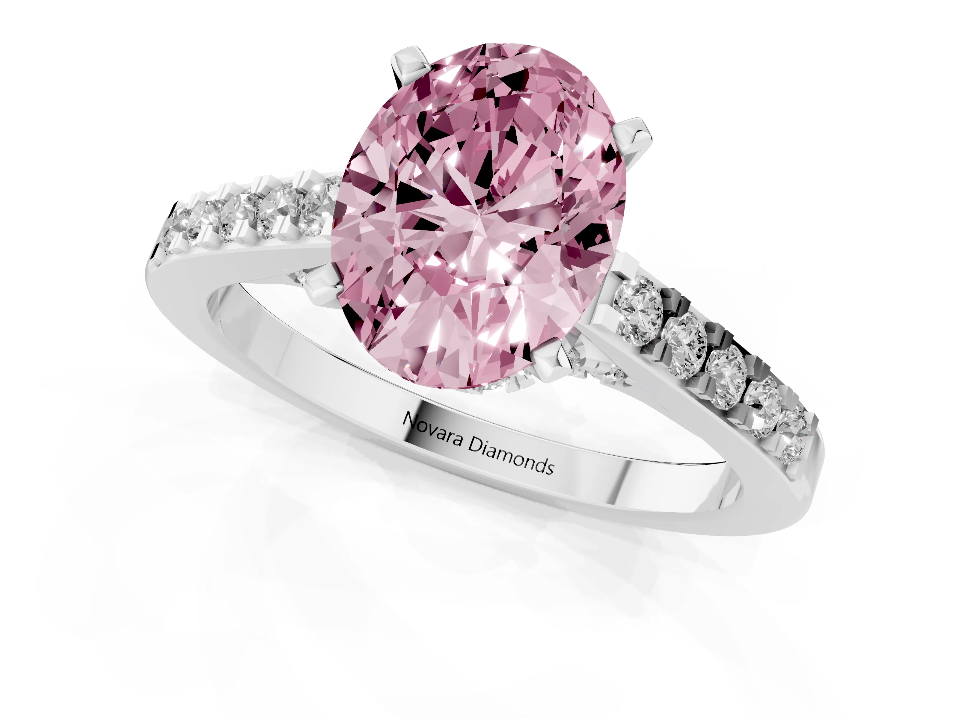 Fancy Pink Oval Cut Diamond Solitaire Ring Set in Platinum with Crossover Gallery and Round Pavé Band