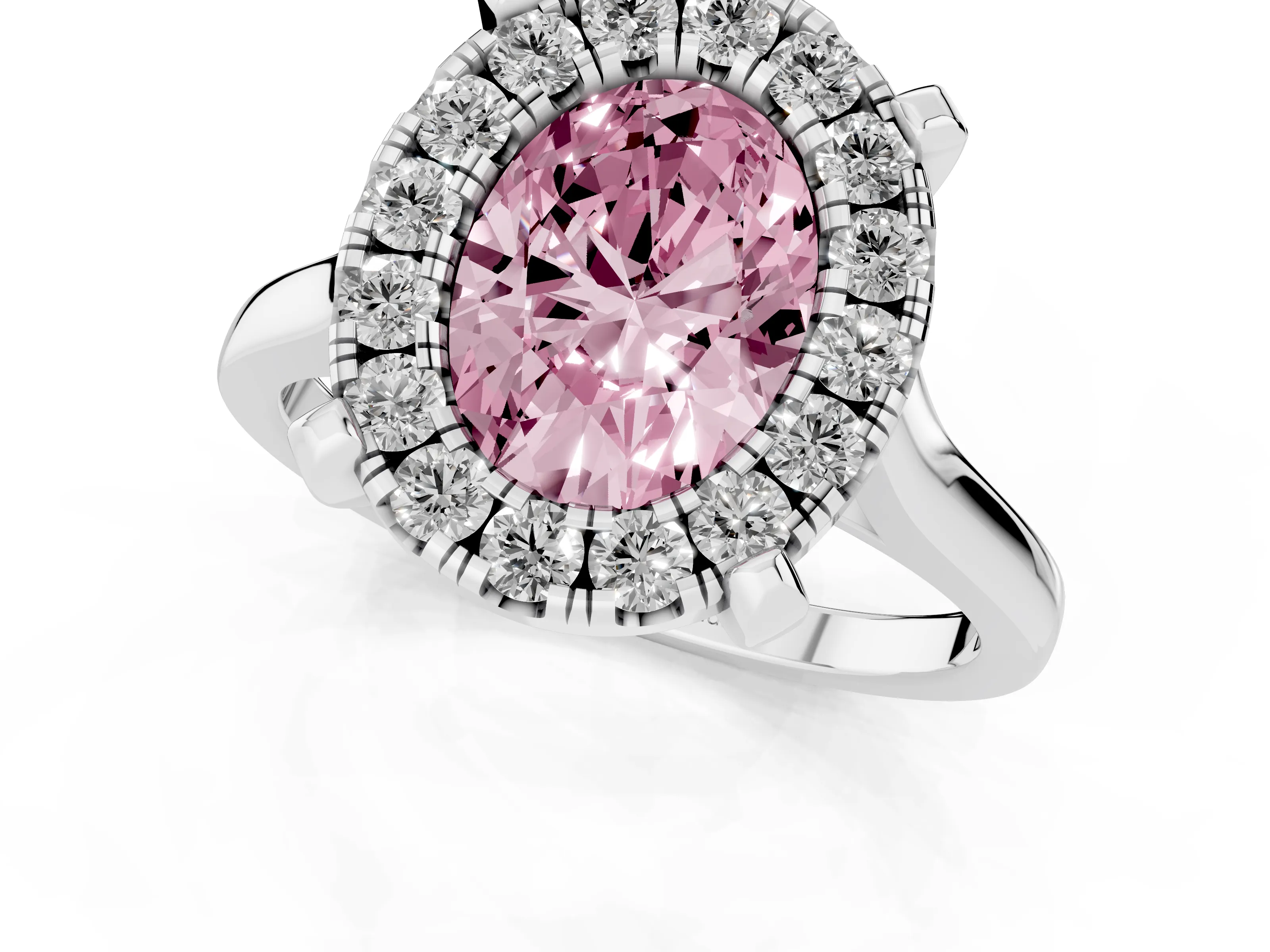 Fancy Pink Oval Cut Diamond Cluster Halo Solitaire Ring Set in Silver with Prong Setting