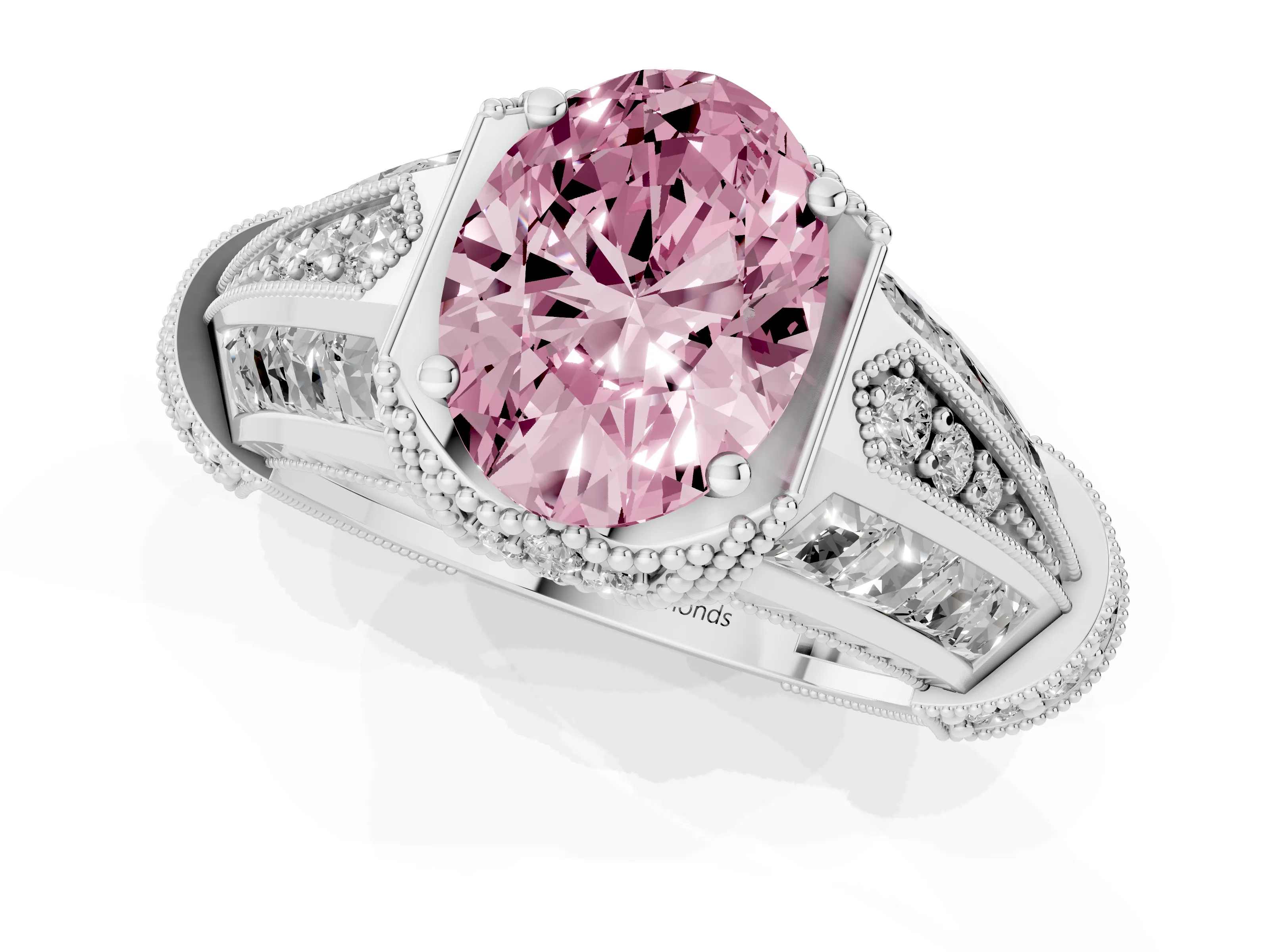 Fancy Pink Oval Cut Diamond Vintage-Inspired Milgrain Ring Set in Silver with Accent Split Shank