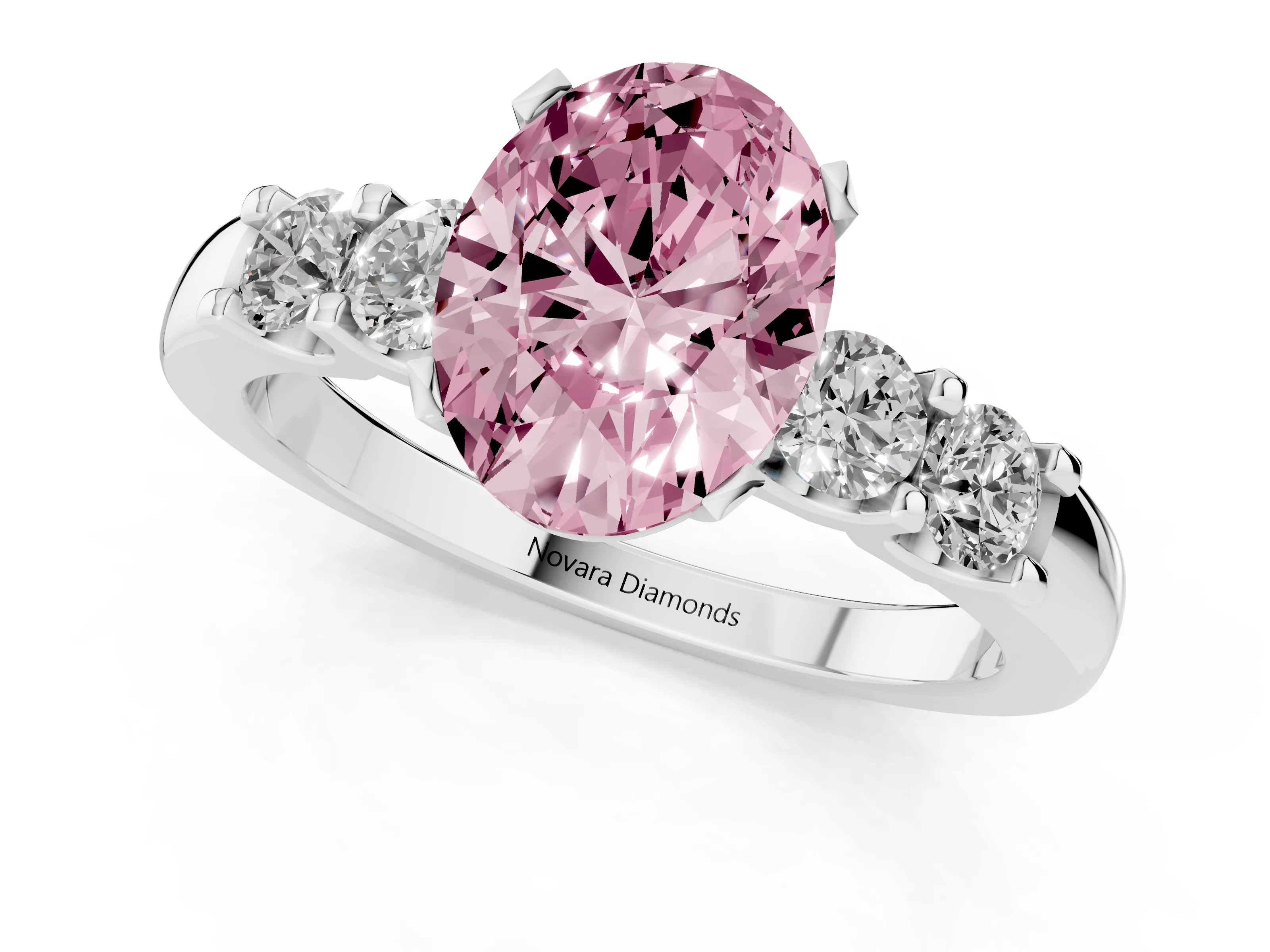 Fancy Pink Oval Cut Diamond Five-Stone Prong Set Engagement Ring Set in Platinum with Channel Band