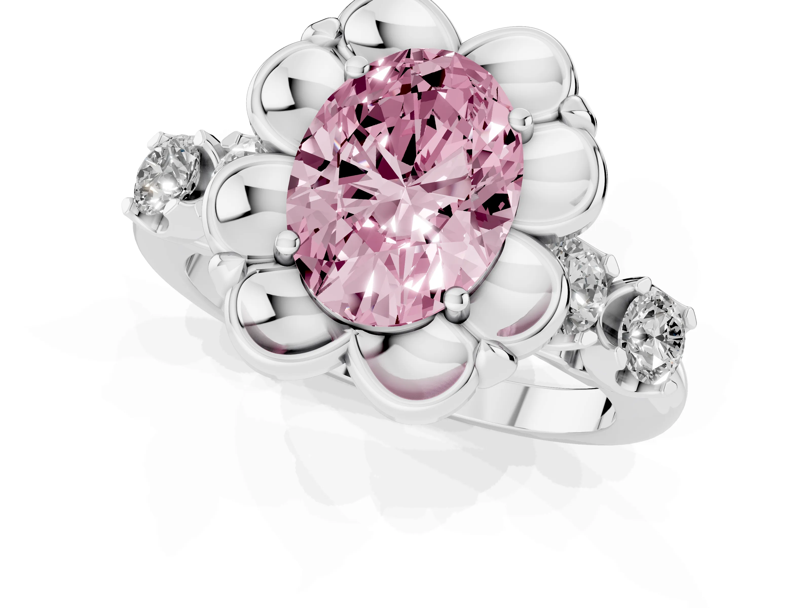 Fancy Pink Oval Cut Diamond Floral Halo Ring Set in Platinum with Shared Prong Band