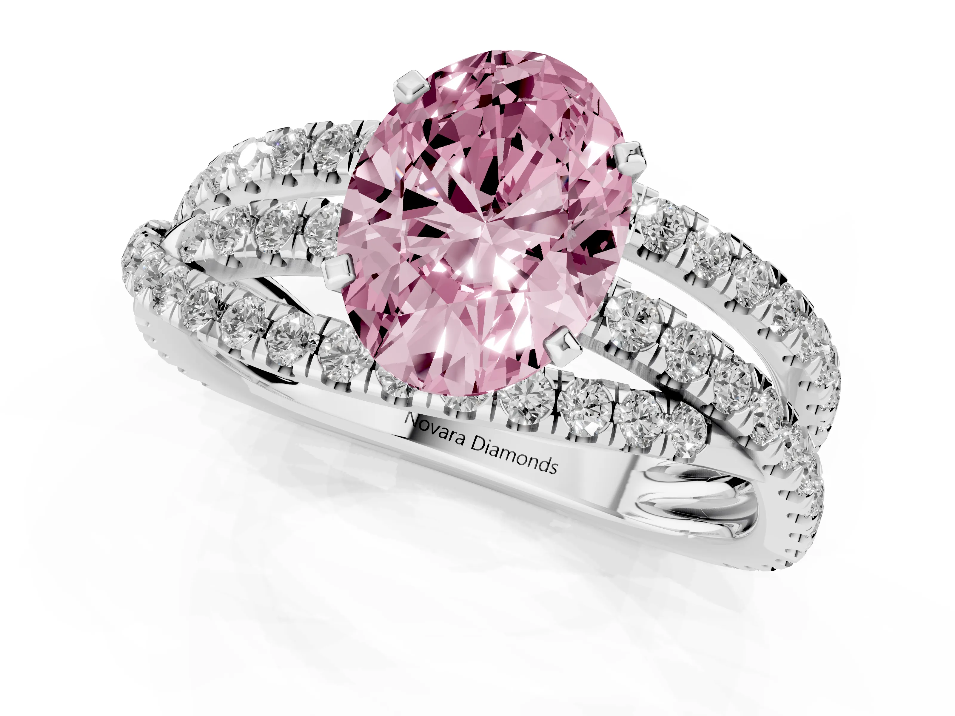 Fancy Pink Oval Cut Diamond Solitaire Twist Band Ring Set in Platinum with Pavé Setting and Prong Head