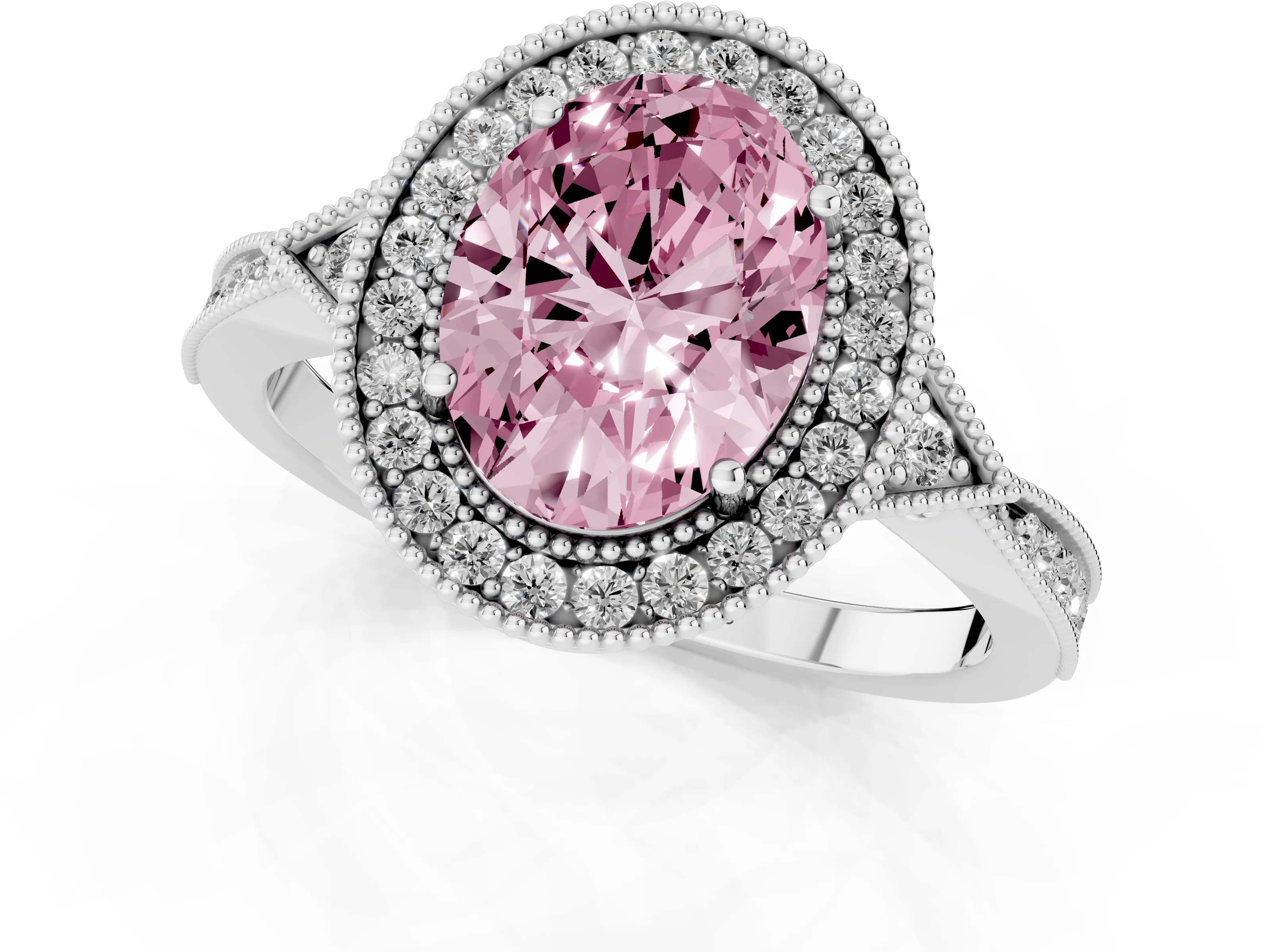 Fancy Pink Oval Cut Diamond Halo Engagement Ring Set in Silver with Milgrain Pavé Band