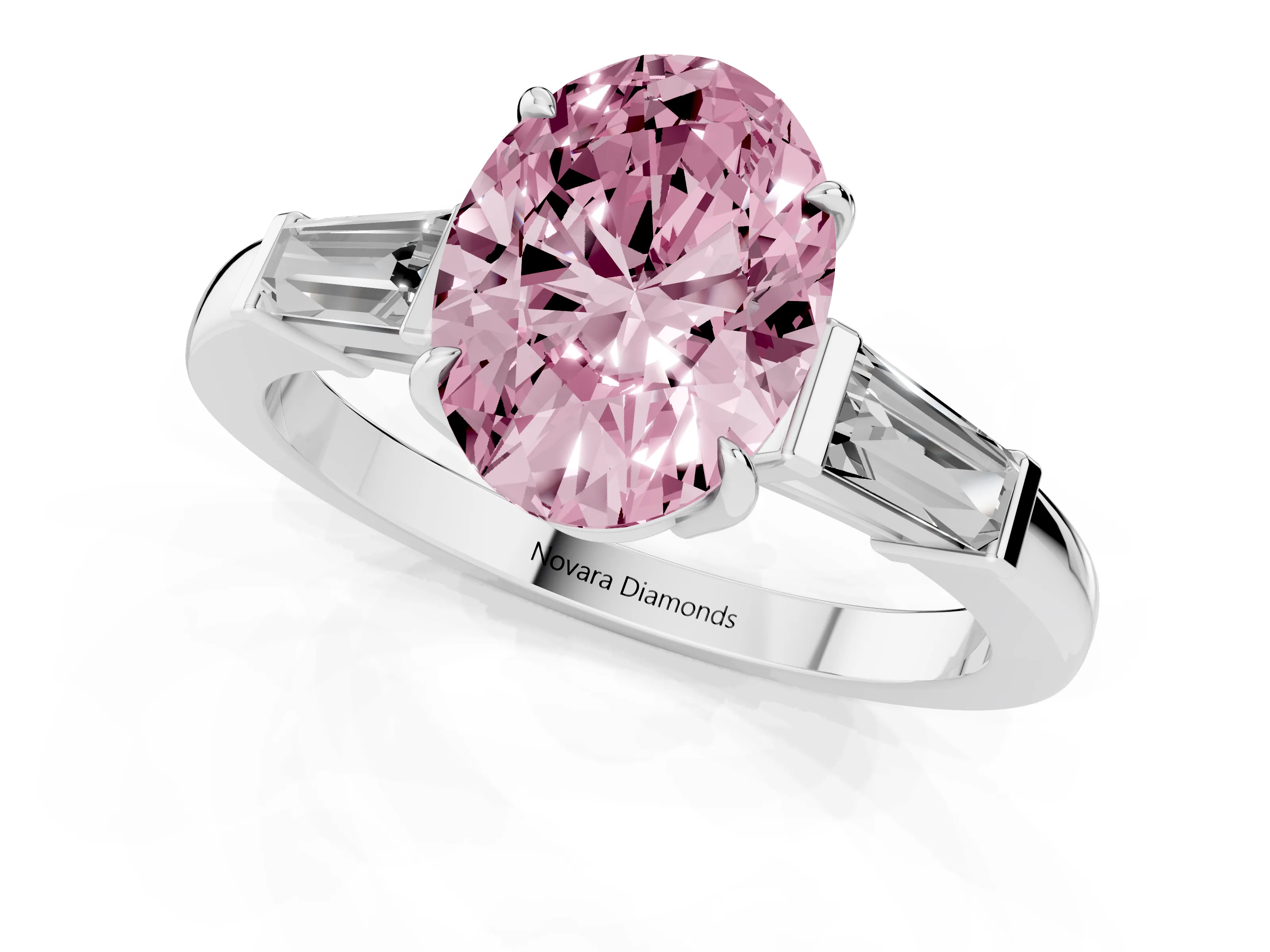 Fancy Pink Oval Cut Diamond Three-Stone Ring Set in White gold with Tapered Baguette Side Stones and Prong Setting