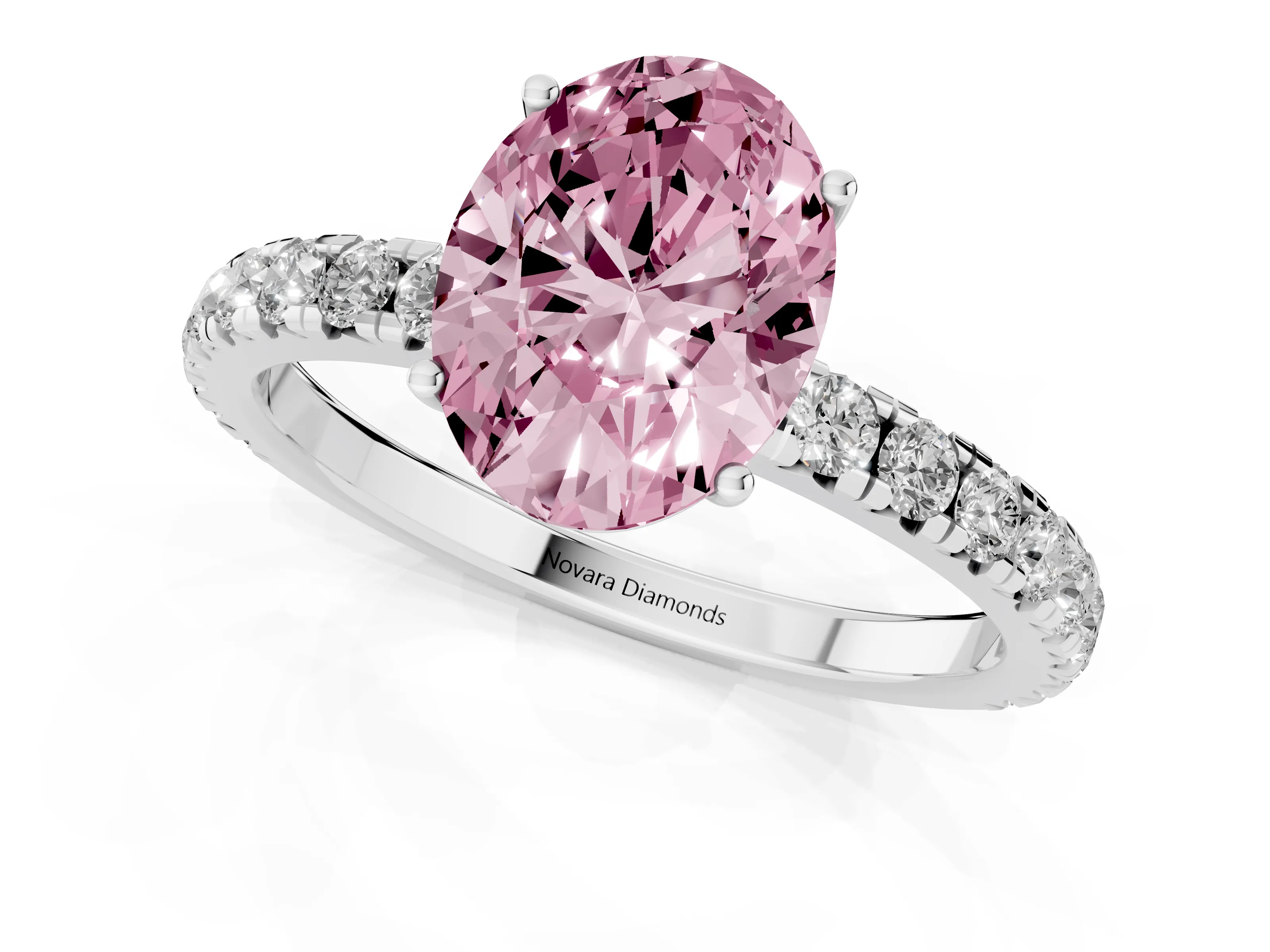 Fancy Pink Oval Cut Diamond Pavé Solitaire Engagement Ring Set in Platinum with Prong Setting