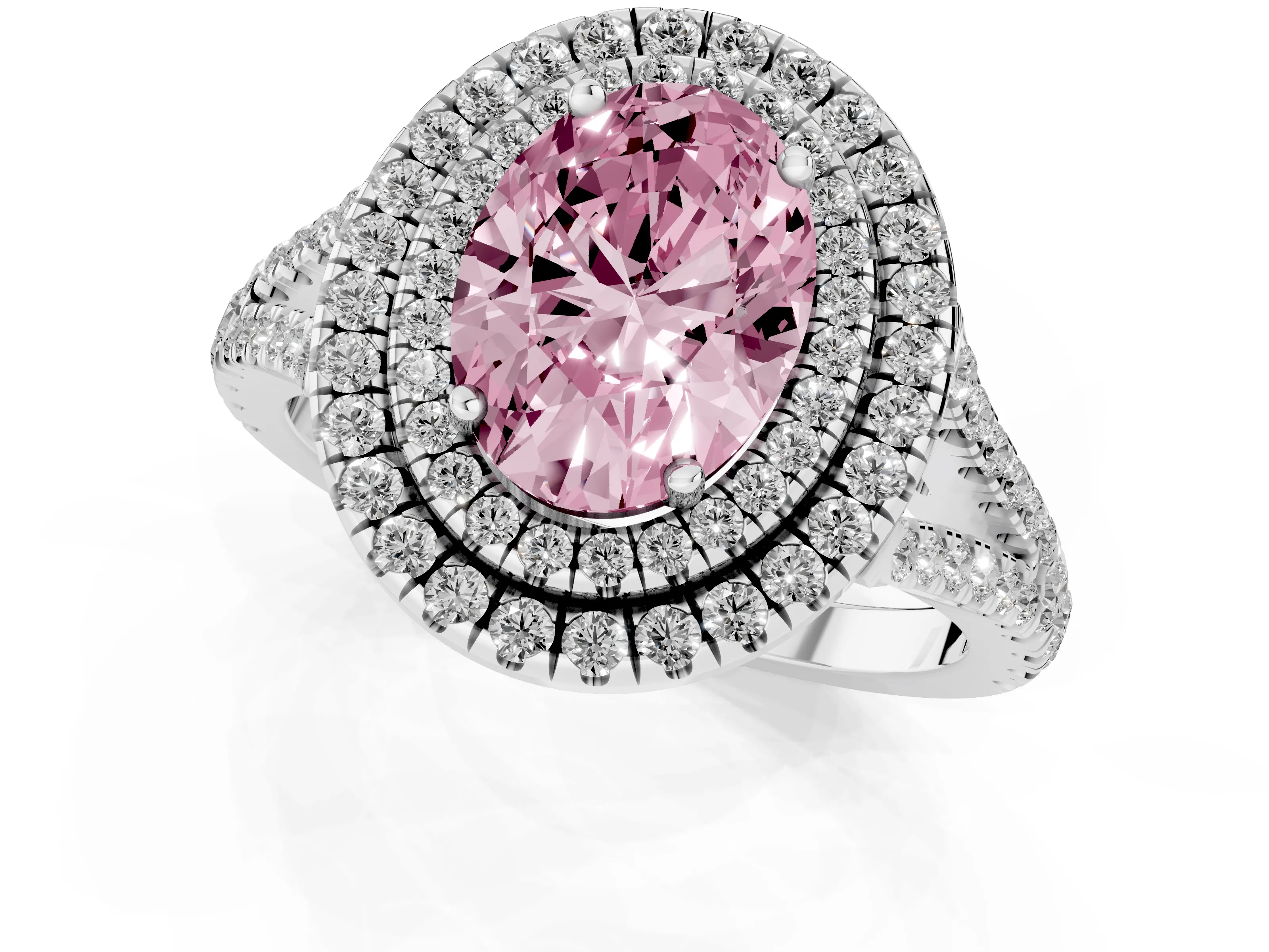 Fancy Pink Oval Cut Diamond Double Halo Ring Set in Platinum with Pavé Band