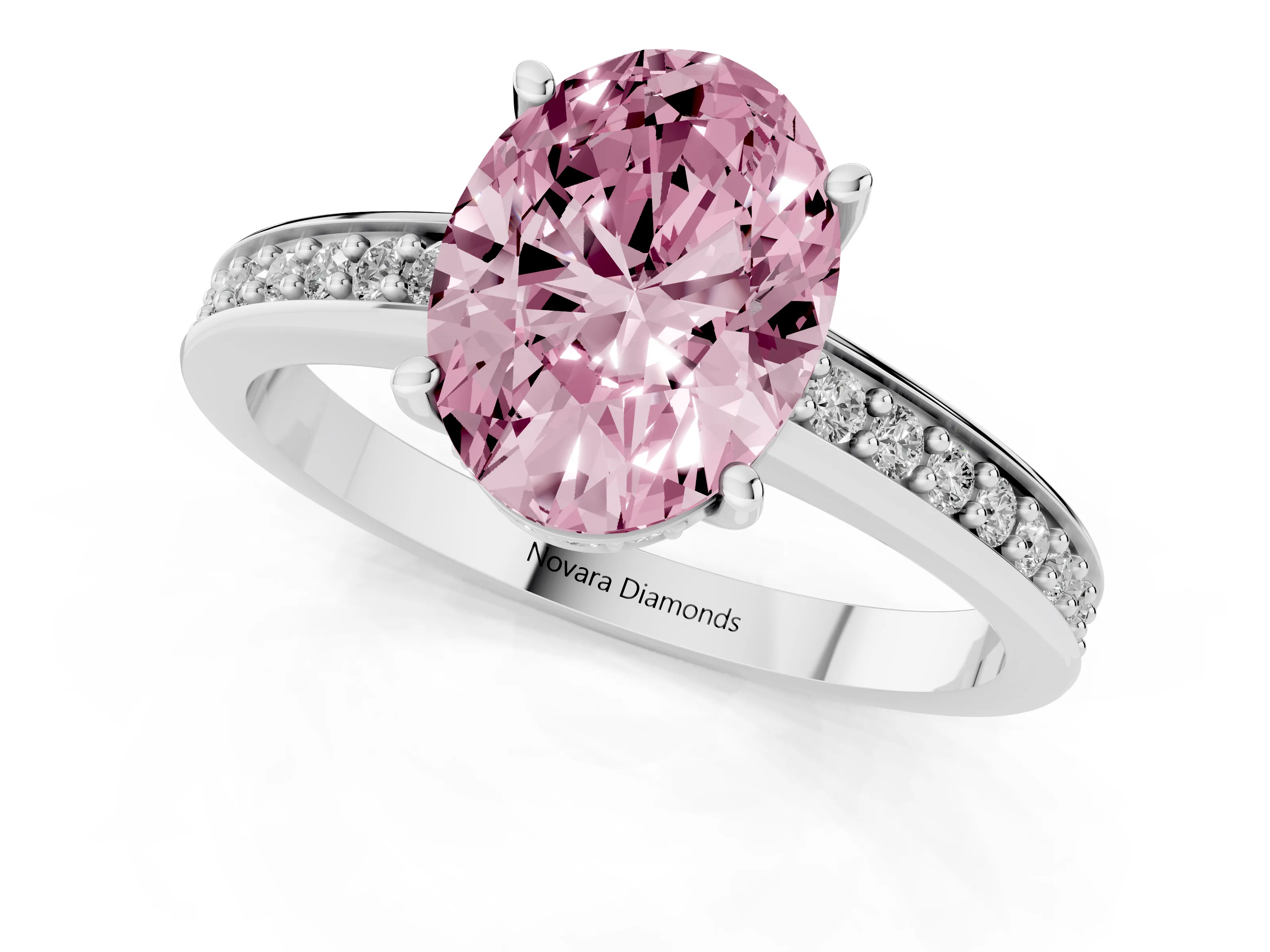 Fancy Pink Oval Cut Diamond Pavé Band Prong Set Solitaire Ring Set in White gold