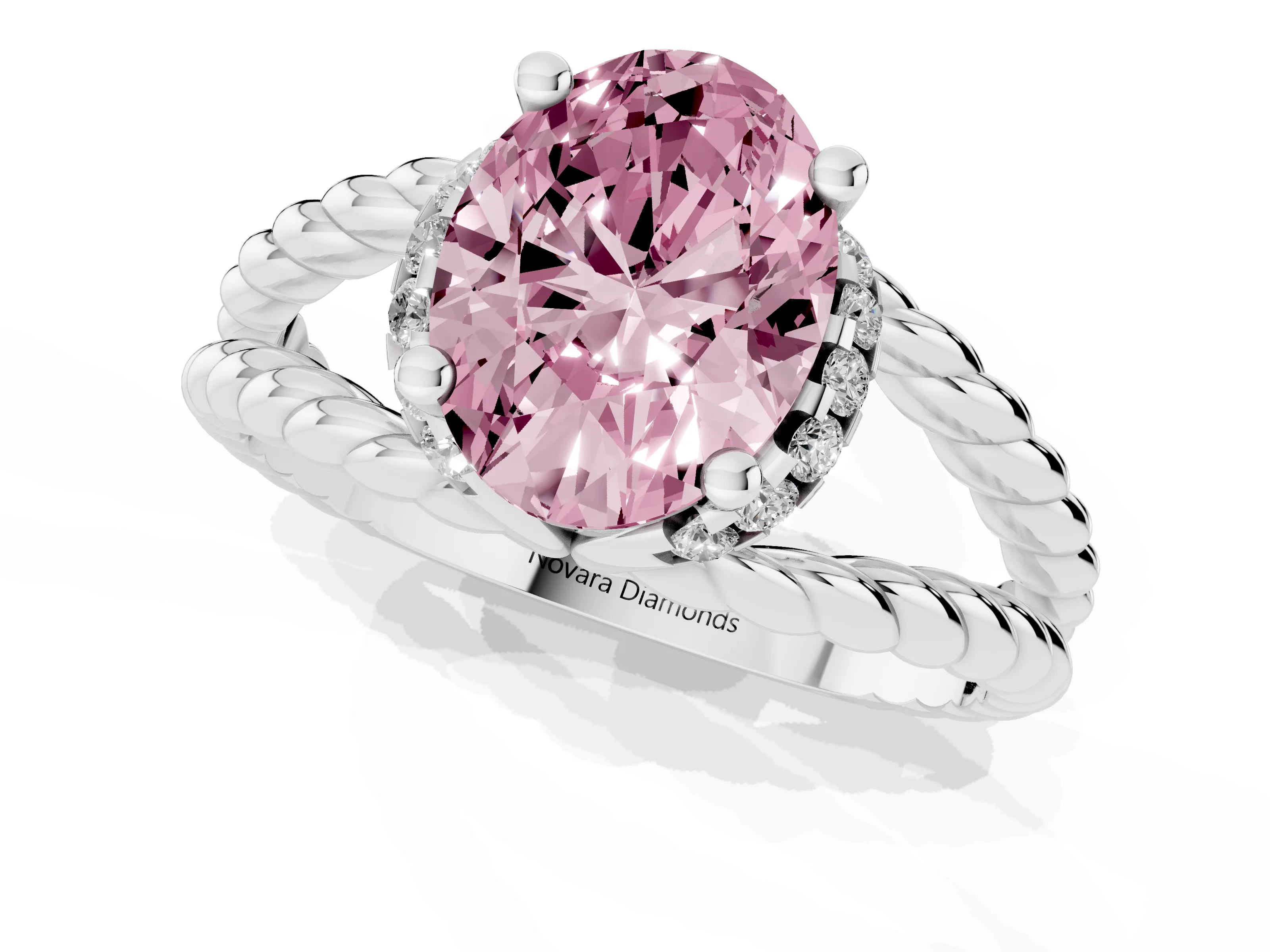 Fancy Pink Oval Cut Diamond Halo Ring Set in Silver with Twisted Band and Prong Setting