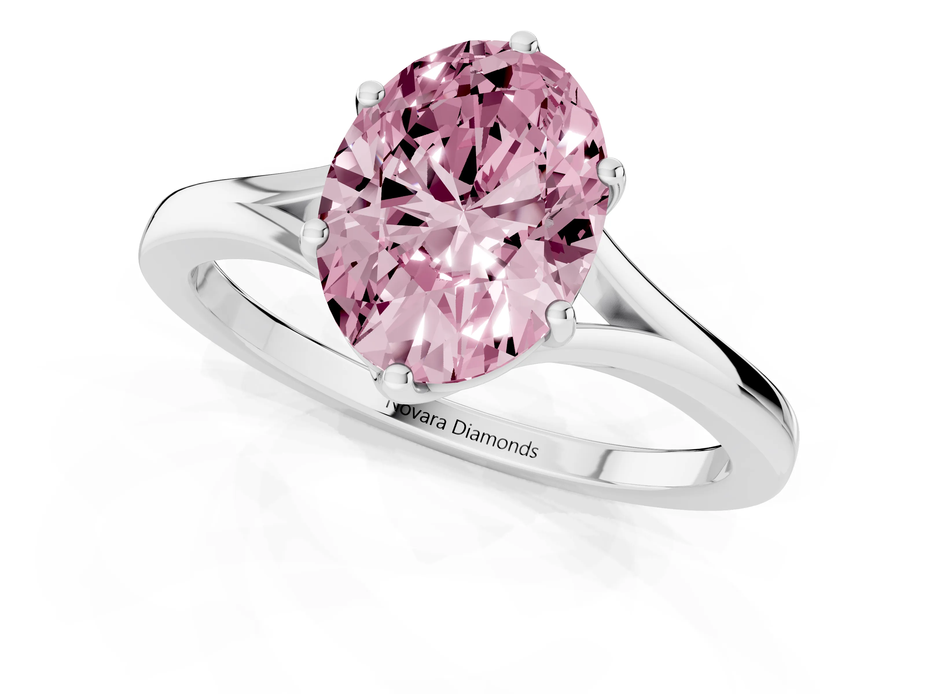 Fancy Pink Oval Cut Diamond Solitaire Ring Set in Silver with Polished Tapered Band and Prong Setting