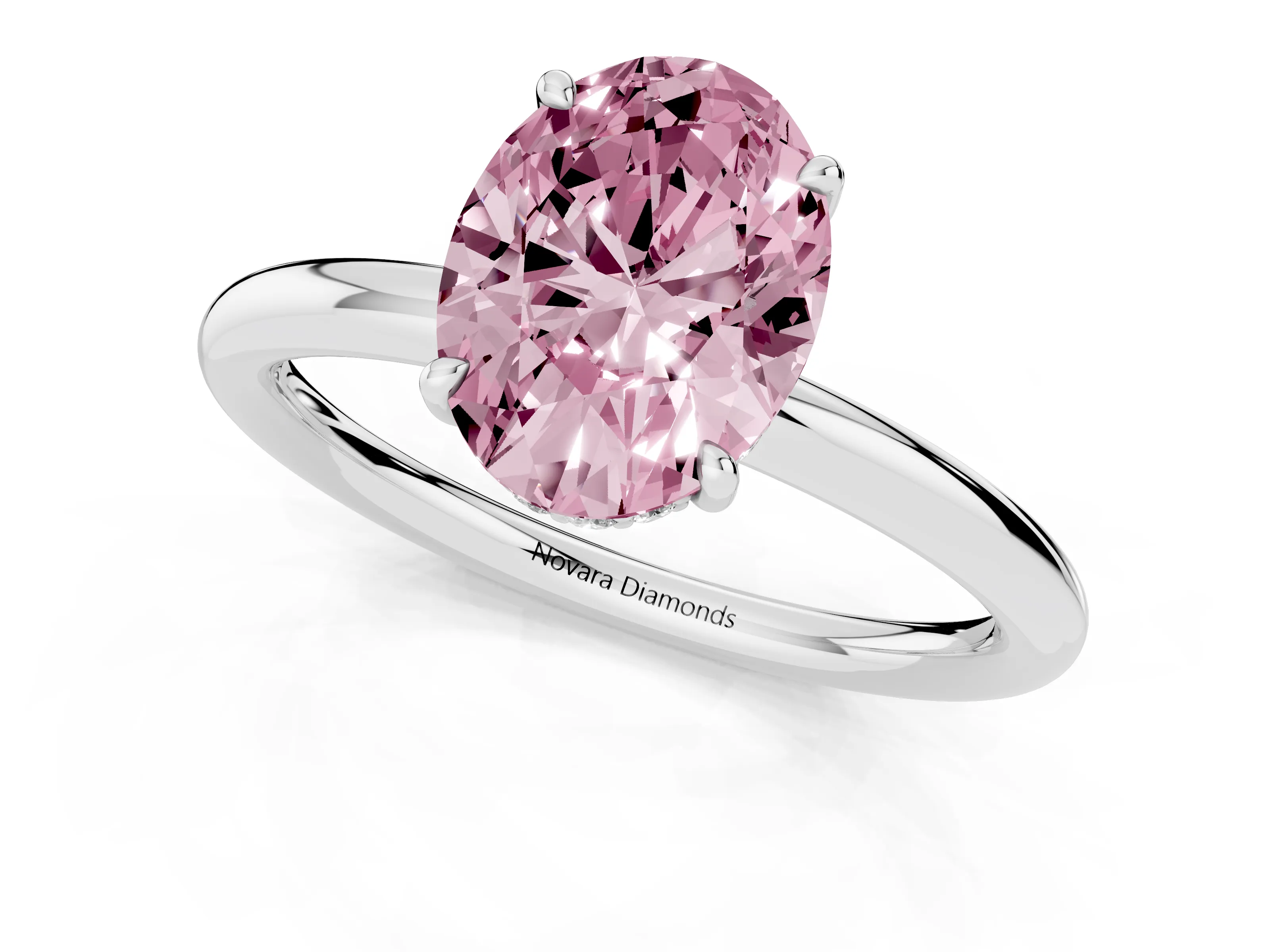 Fancy Pink Oval Cut Diamond Solitaire Ring Set in Silver with Thin Band and Prong Setting