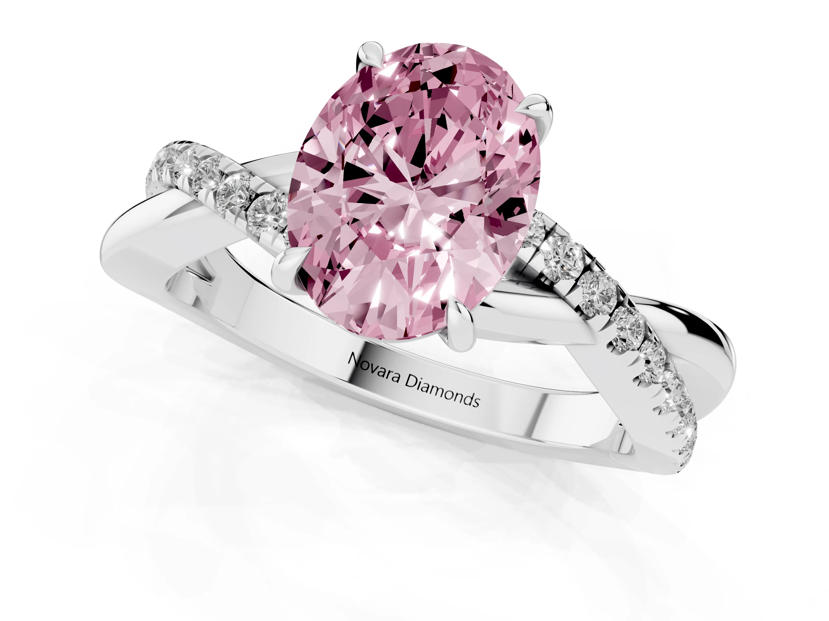 Fancy Pink Oval Cut Diamond Twisted Pavé Band Ring Set in Silver with Prong Setting