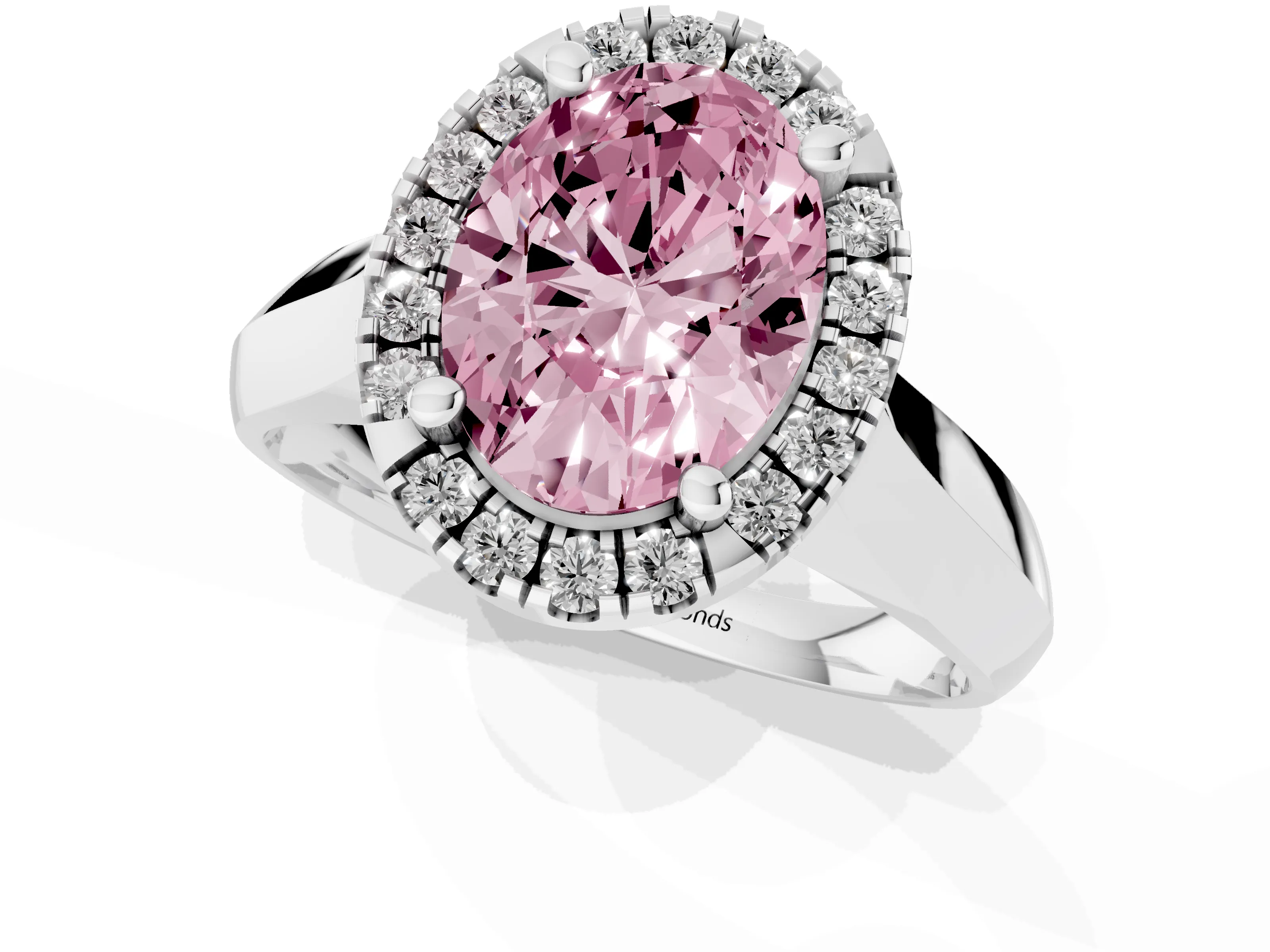 Fancy Pink Oval Cut Diamond Halo Solitaire Engagement Ring Set in Silver with Square Band and Prong Setting