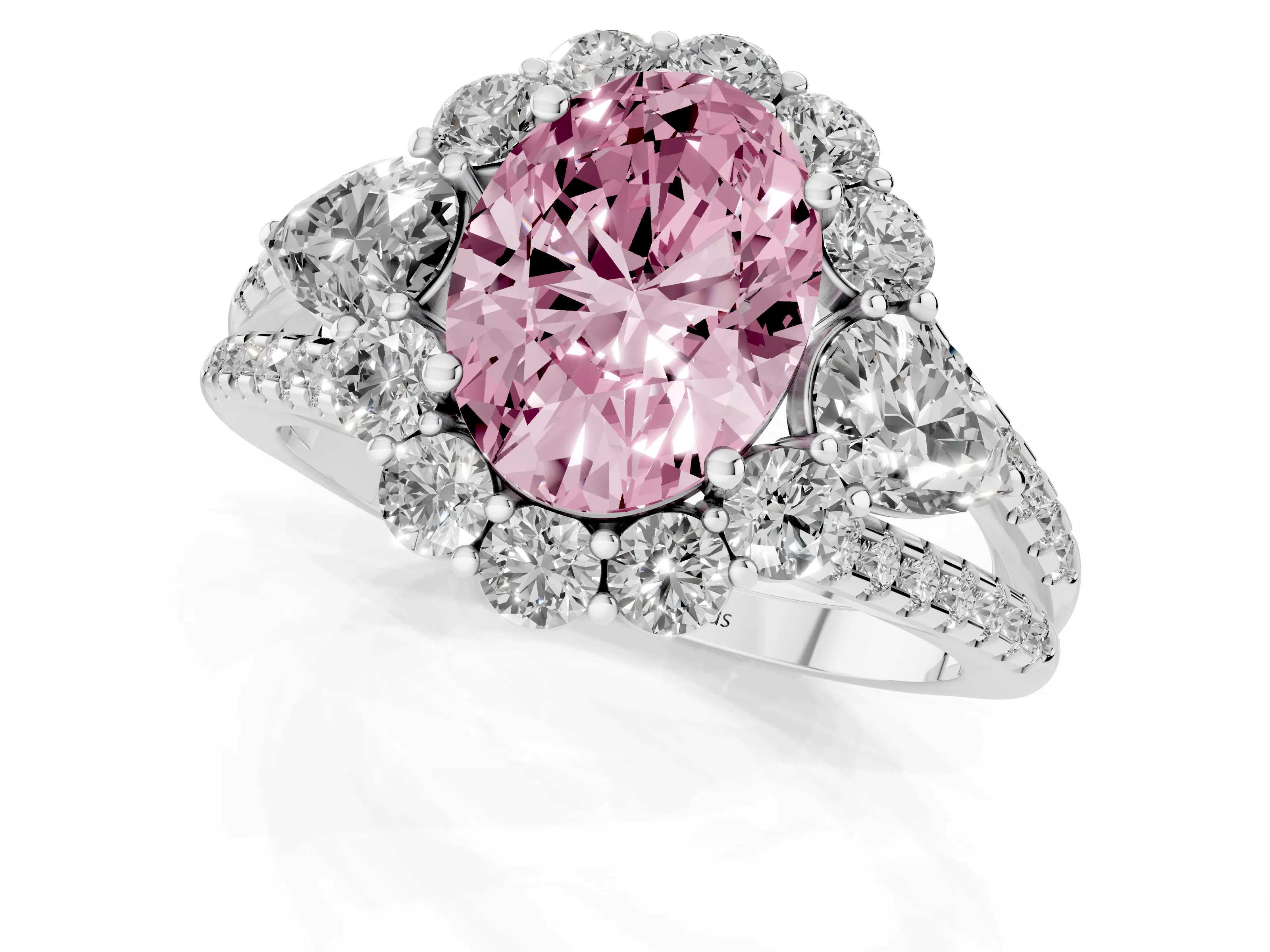 Fancy Pink Oval Cut Diamond Halo Split Shank Engagement Ring Set in Silver with Prong-Held Center Stone
