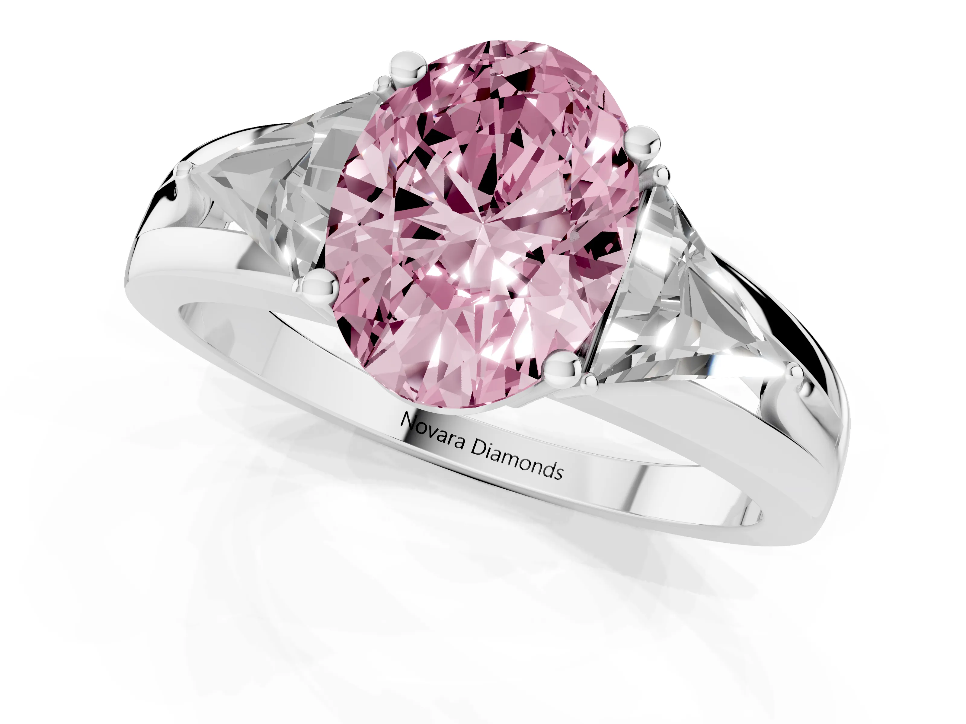 Fancy Pink Oval Cut Diamond Three-Stone Ring Set in White gold with Trillion Side Stones and Split Shank