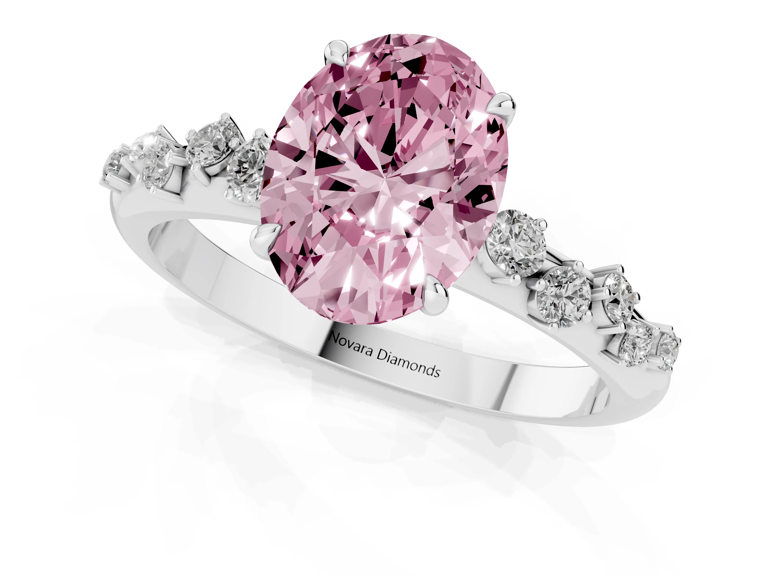 Fancy Pink Oval Cut Diamond Cluster Solitaire Ring Set in White gold with Prong Setting