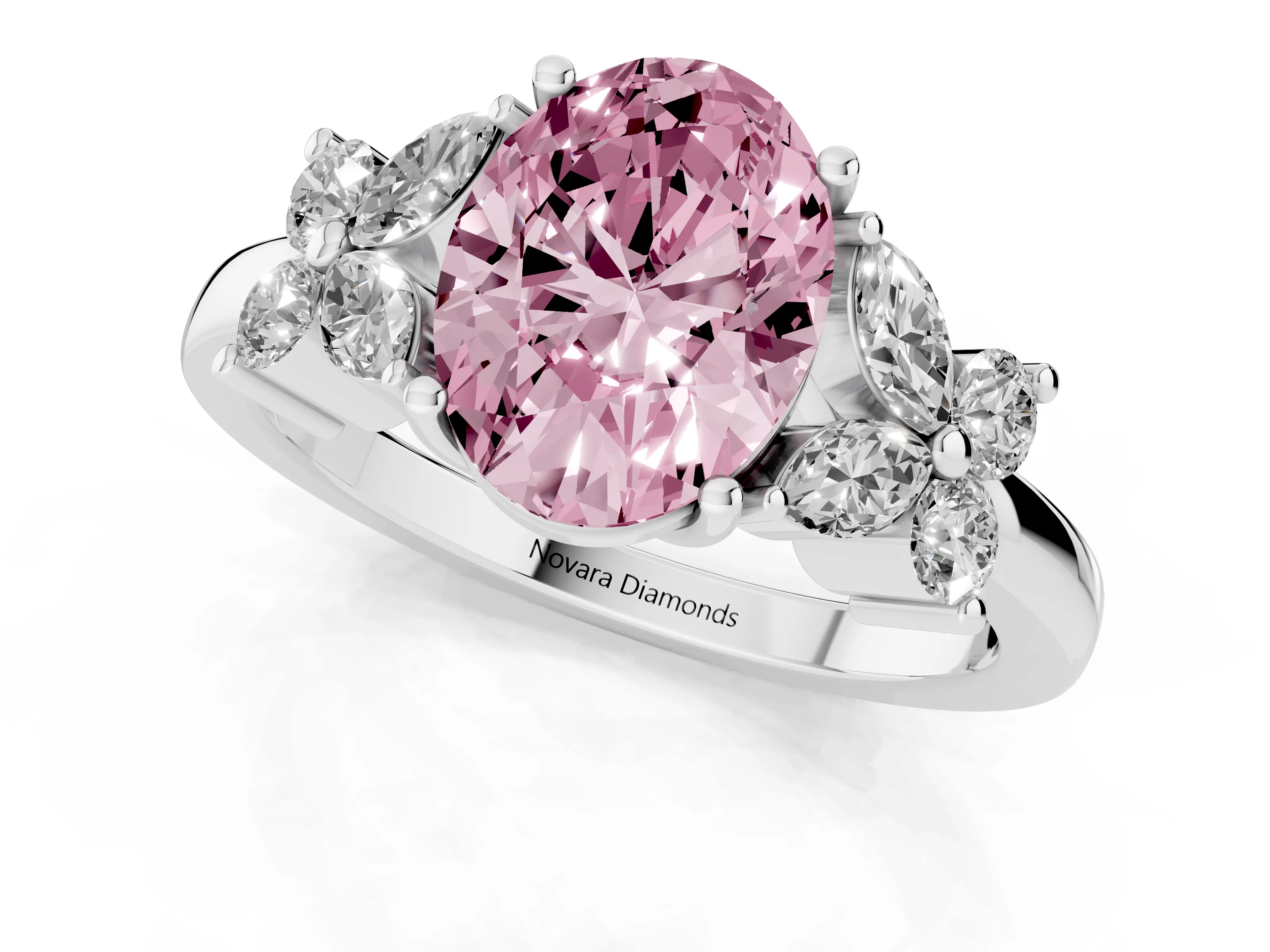 Fancy Pink Oval Cut Diamond Floral Cluster Ring Set in Silver with Marquise Petals and Prong Setting