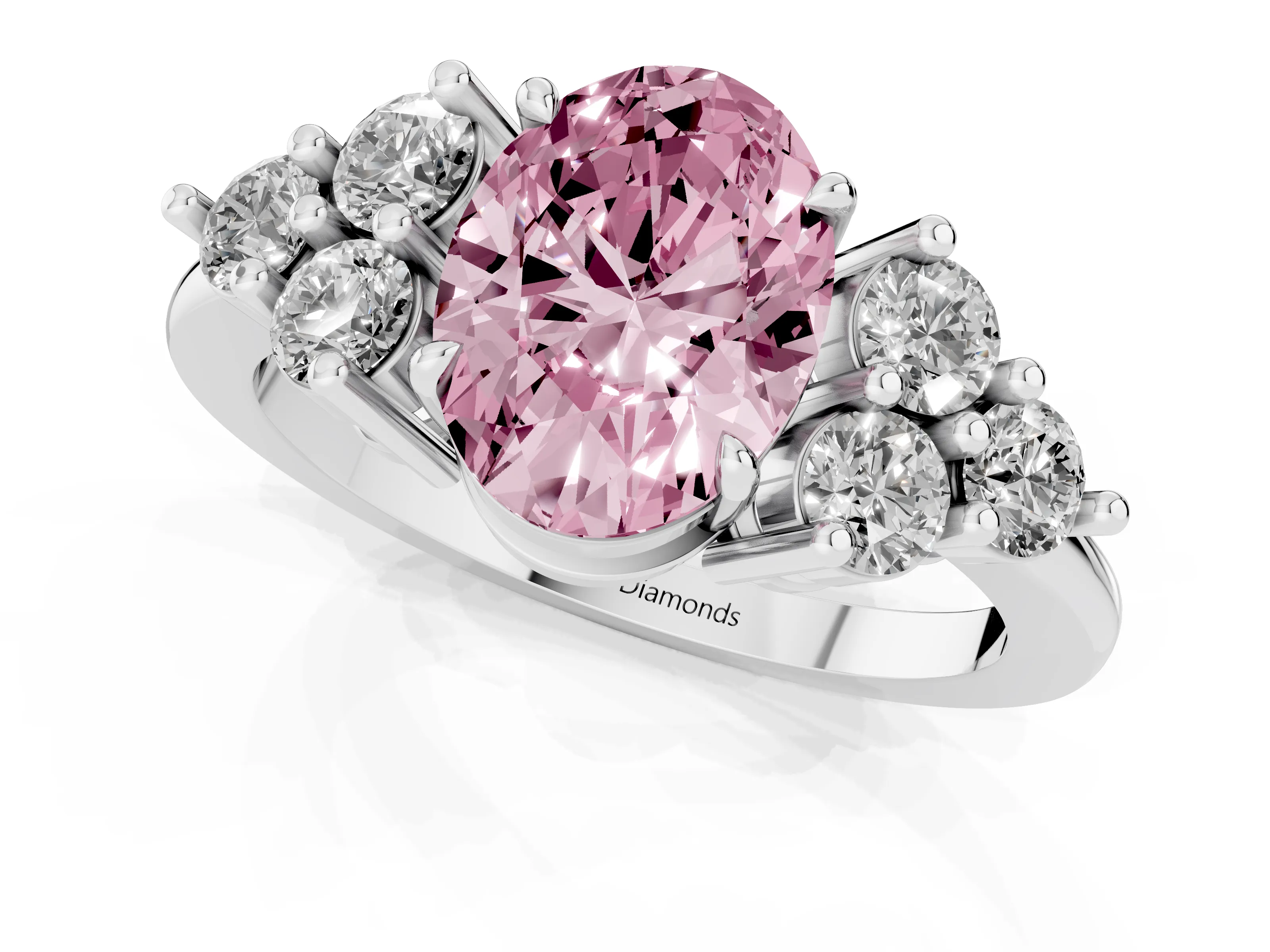 Fancy Pink Oval Cut Diamond Solitaire Ring Set in Silver with Cluster Accents on Each Side