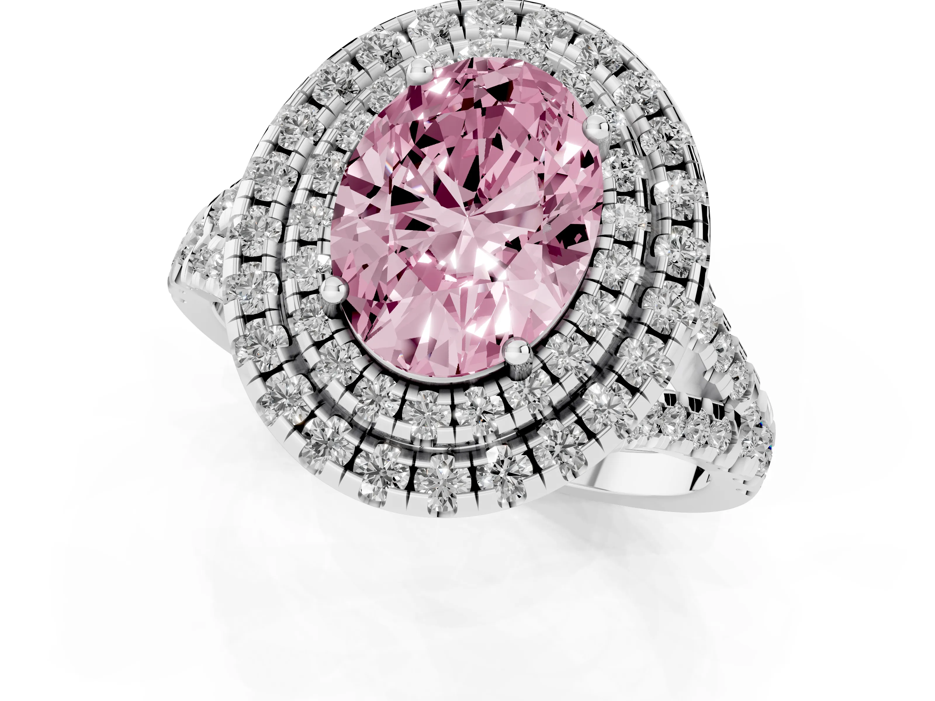 Fancy Pink Oval Cut Diamond Double Halo Ring Set in Silver with Pavé Split Shank and Prong Setting