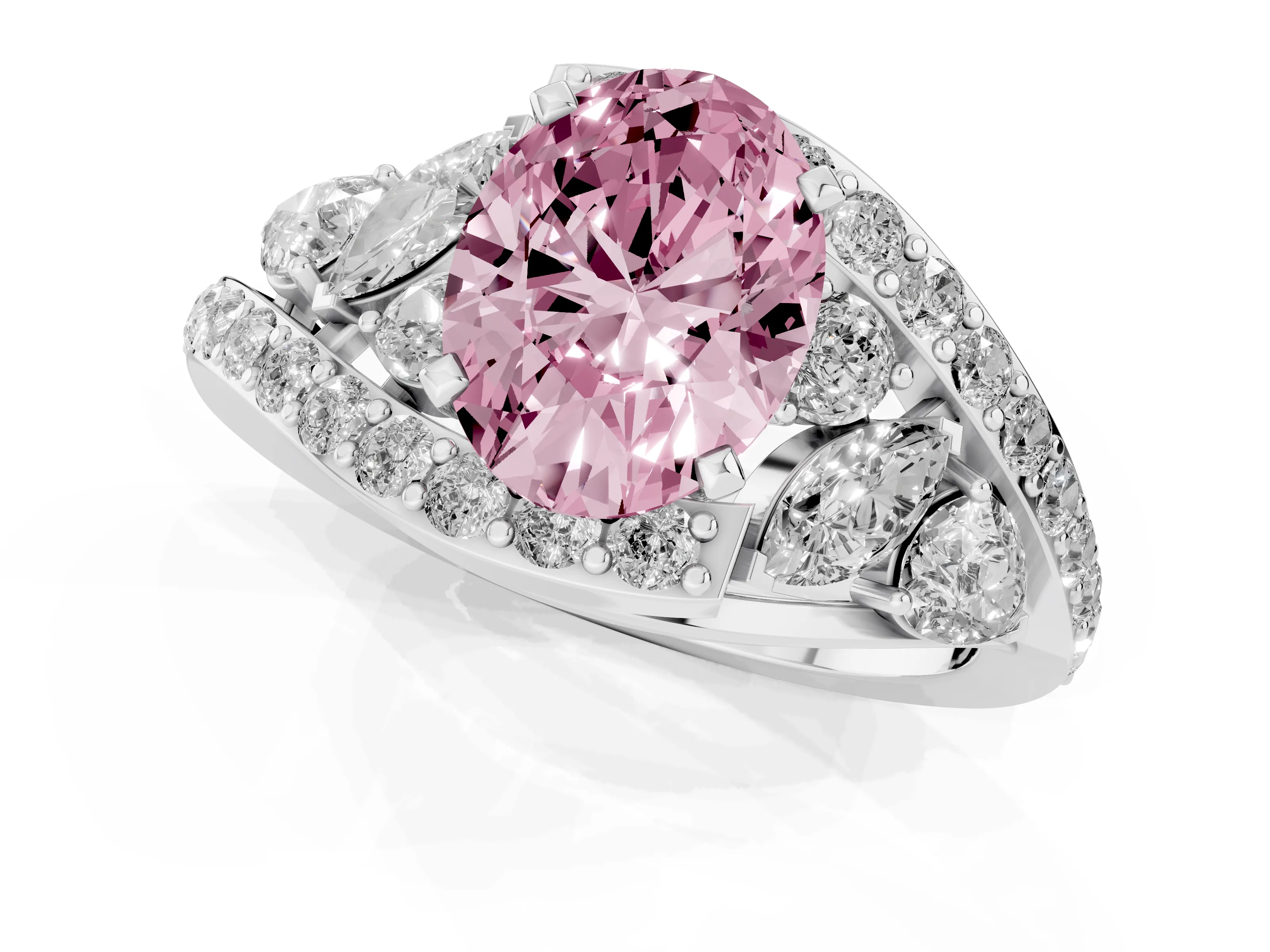 Fancy Pink Oval Cut Diamond Halo Ring Set in Platinum with Marquise and Pavé Band in Prong Setting