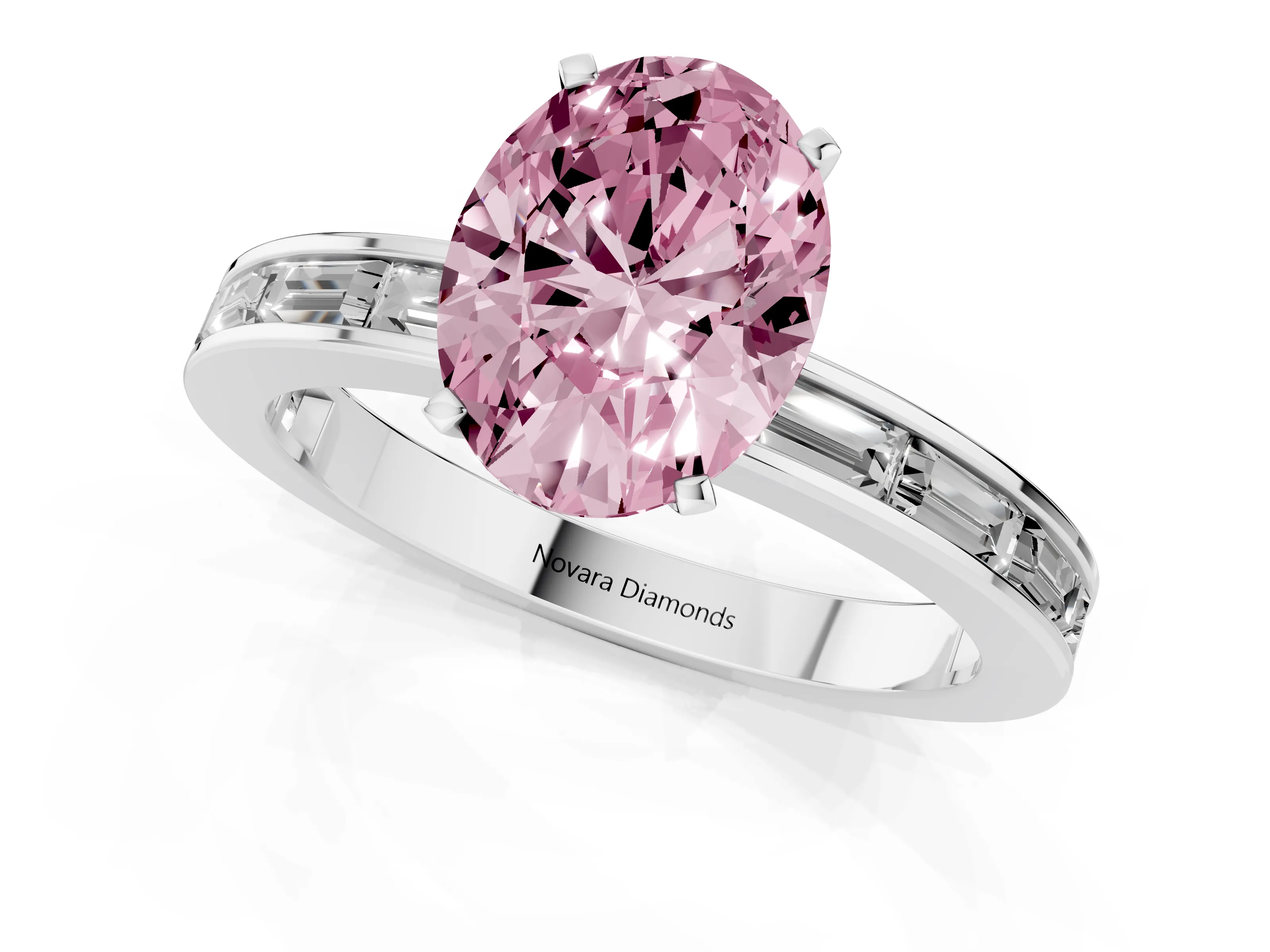 Fancy Pink Oval Cut Diamond Solitaire Ring Set in Platinum with Channel-Set Baguette Band and Prong Setting