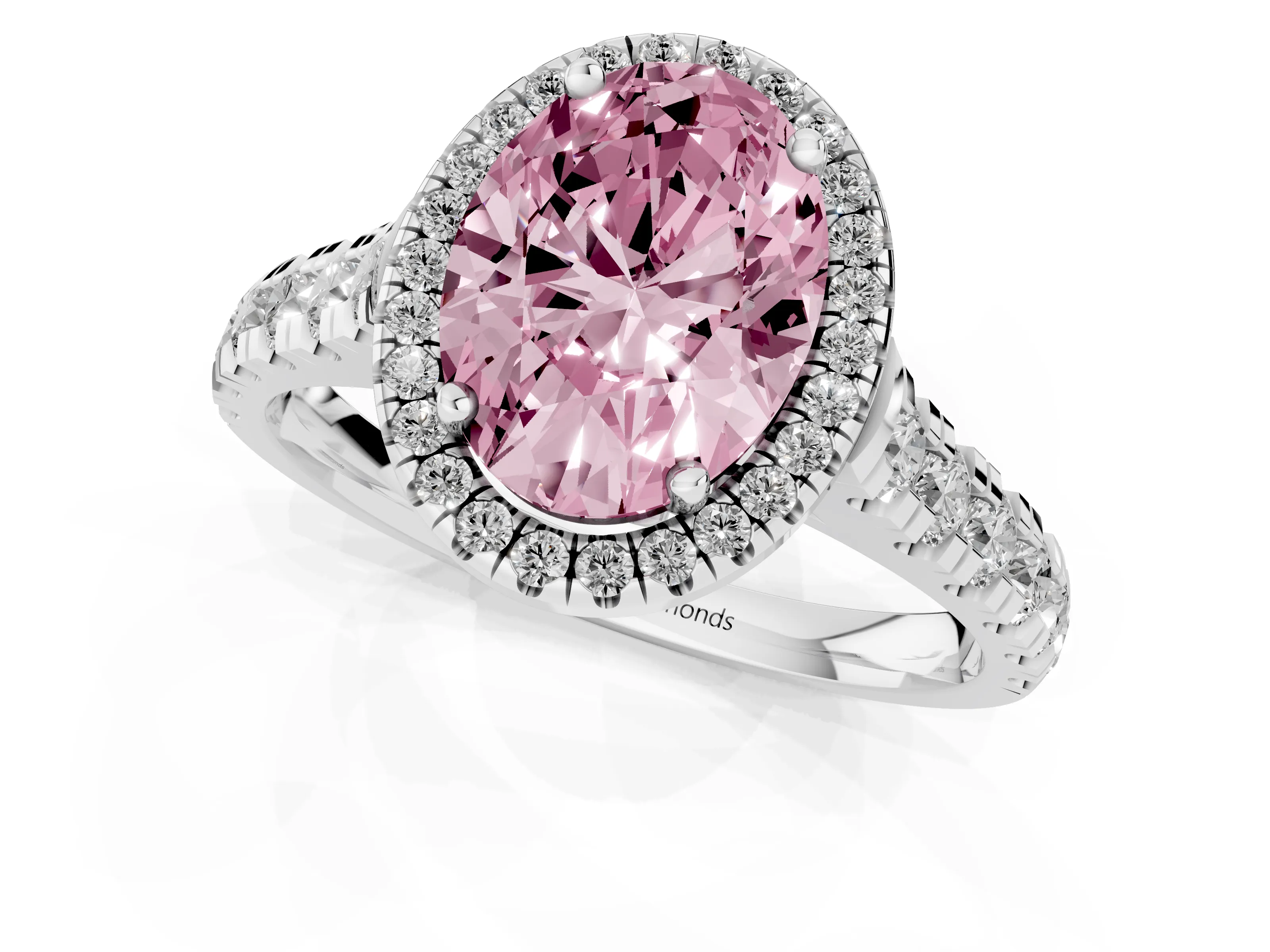 Fancy Pink Oval Cut Diamond Halo Engagement Ring Set in Platinum with Pavé Band and Prong-Set Center