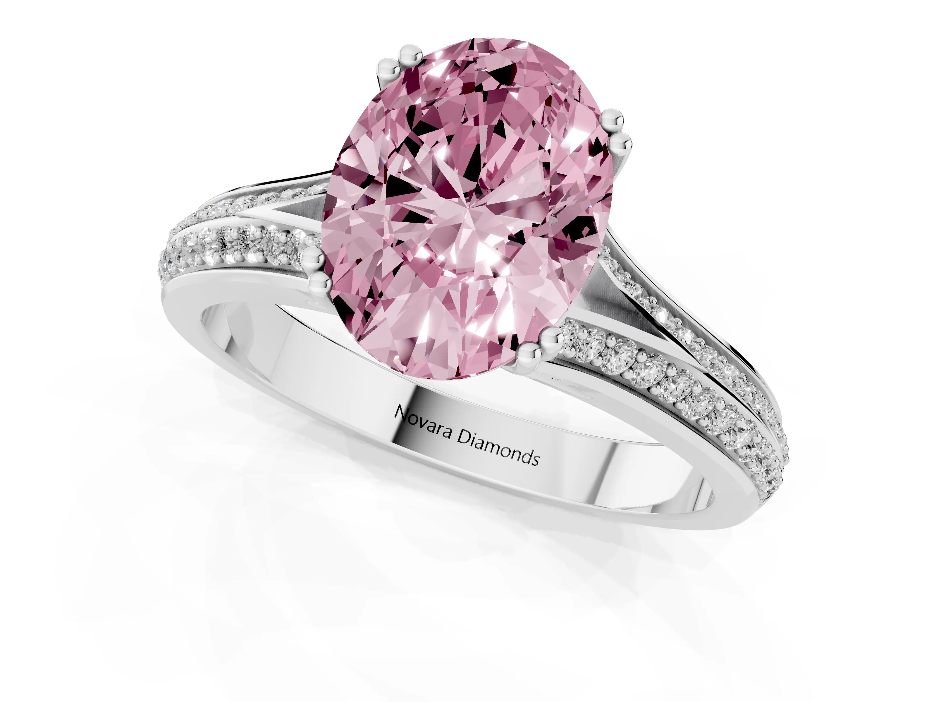 Fancy Pink Oval Cut Diamond Split Shank Pavé Engagement Ring Set in White gold with Prong-Set Center Stone