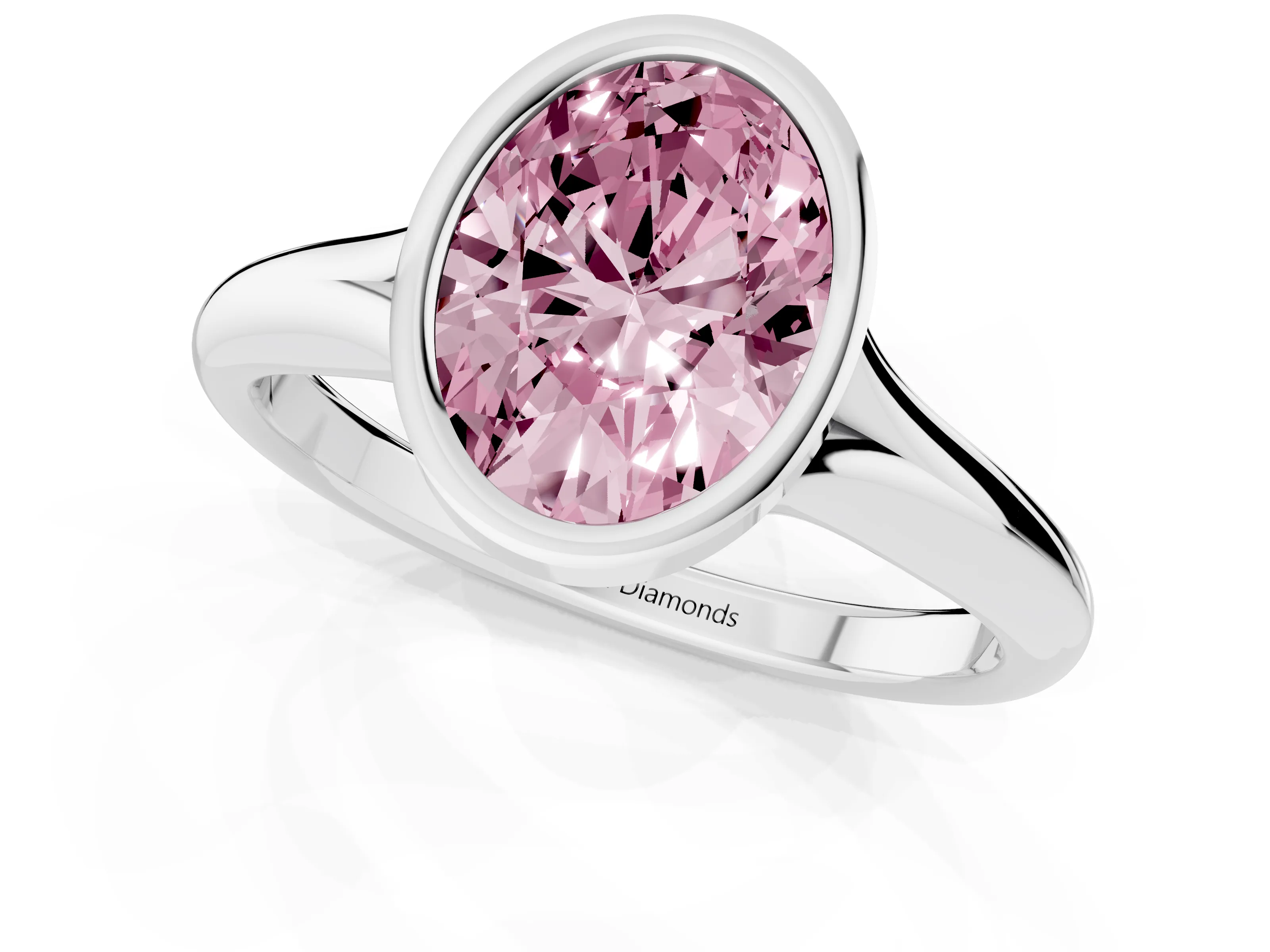 Fancy Pink Bezel Set Oval Cut Diamond Solitaire Ring Set in White gold with Smooth Band