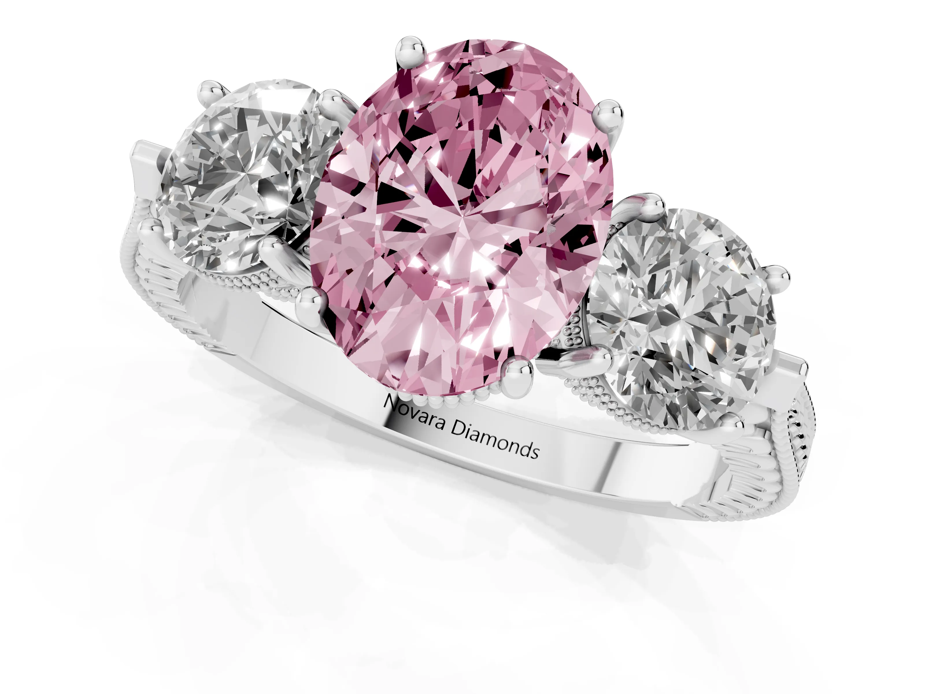 Fancy Pink Oval Cut Diamond Three-Stone Ring Set in Platinum with Milgrain Band