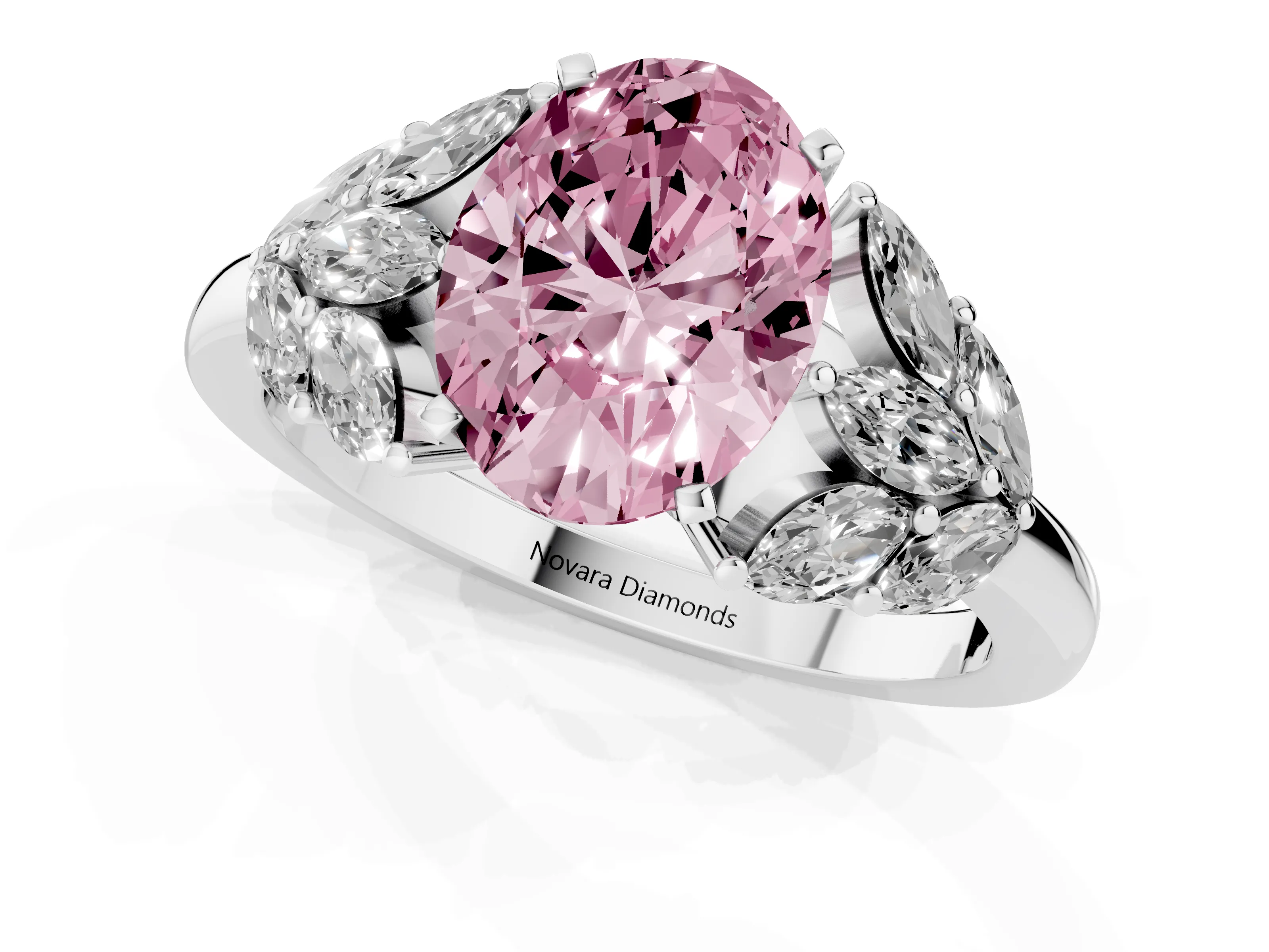Fancy Pink Oval Cut Diamond Cluster Leaf Design Ring Set in White gold with Prong Setting
