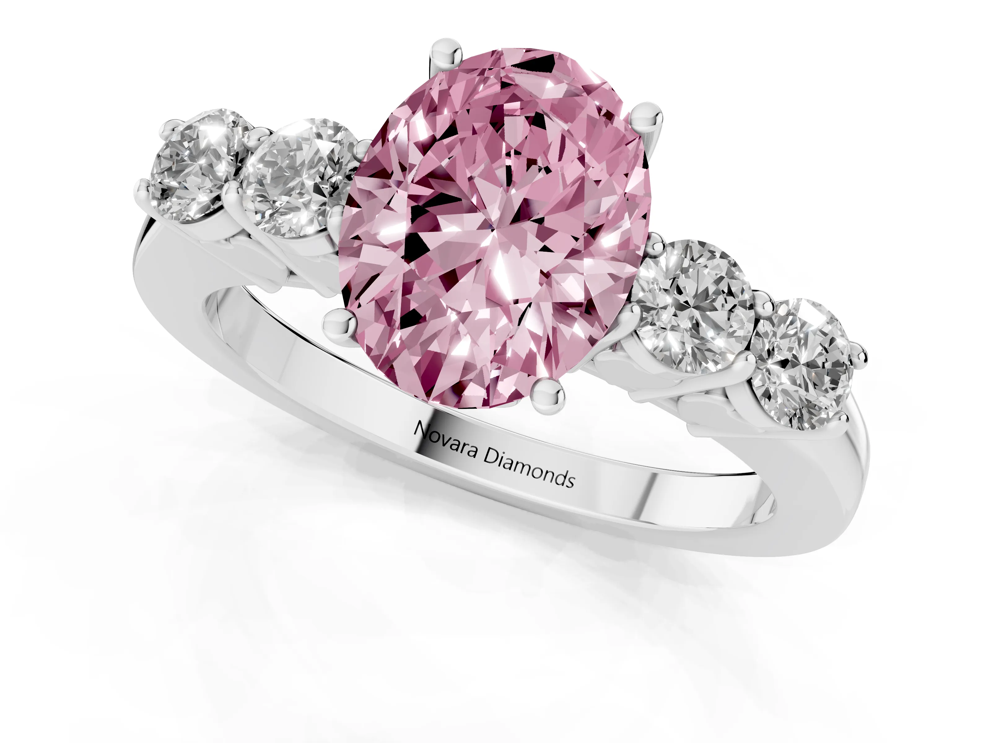 Fancy Pink Oval Cut Diamond Five-Stone Prong Set Band Ring Set in Silver with Polished Band