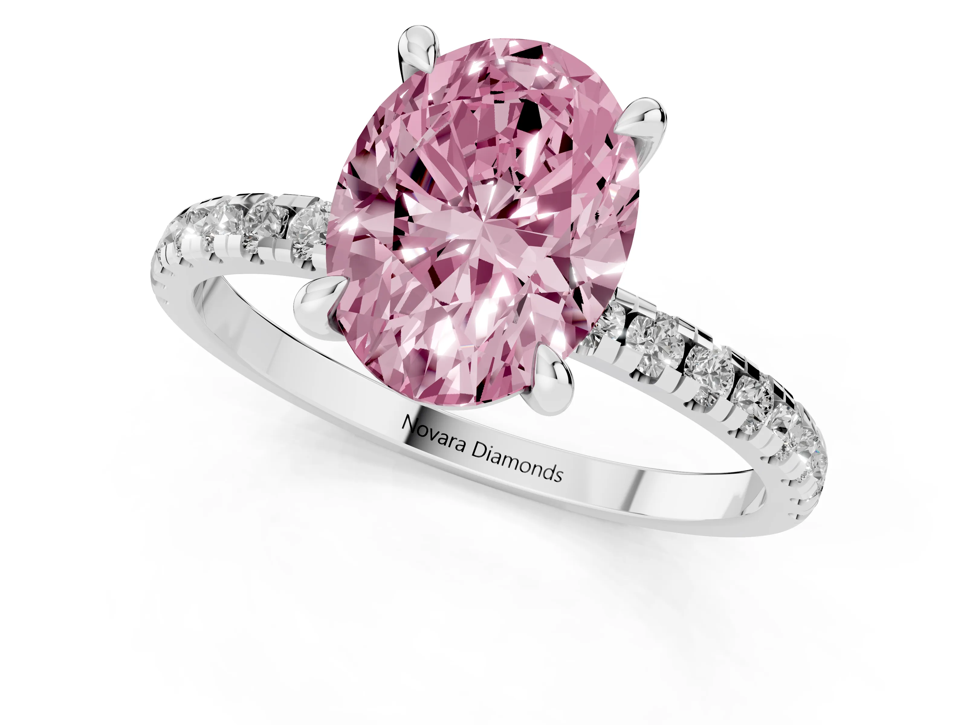 Fancy Pink Oval Cut Diamond Brilliant Solitaire Ring Set in White gold with Pavé Band and Prong Setting