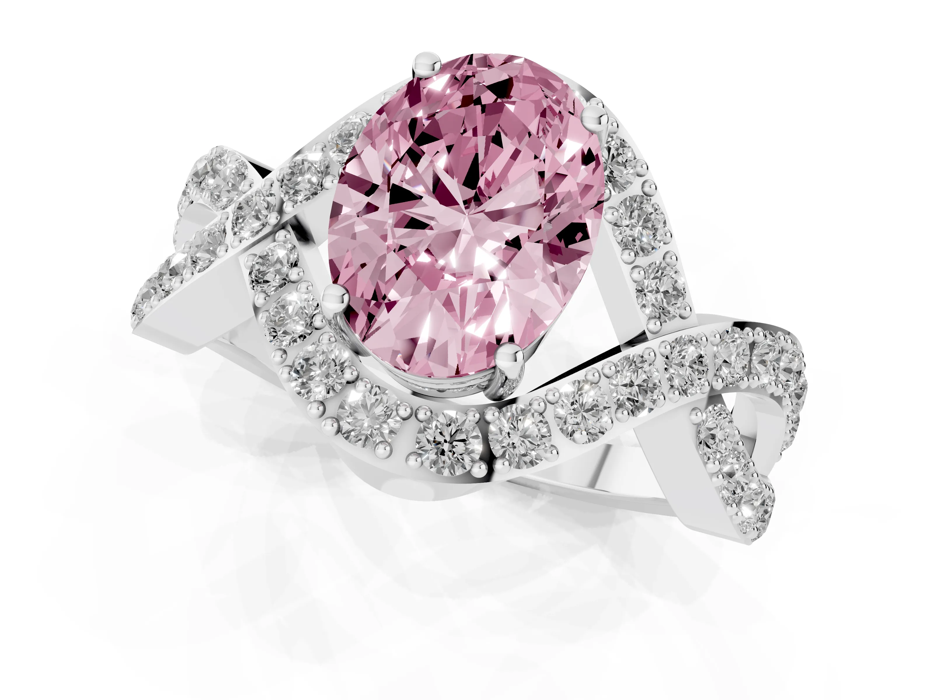 Fancy Pink Oval Cut Diamond Solitaire Twist Band Pavé Engagement Ring Set in Platinum