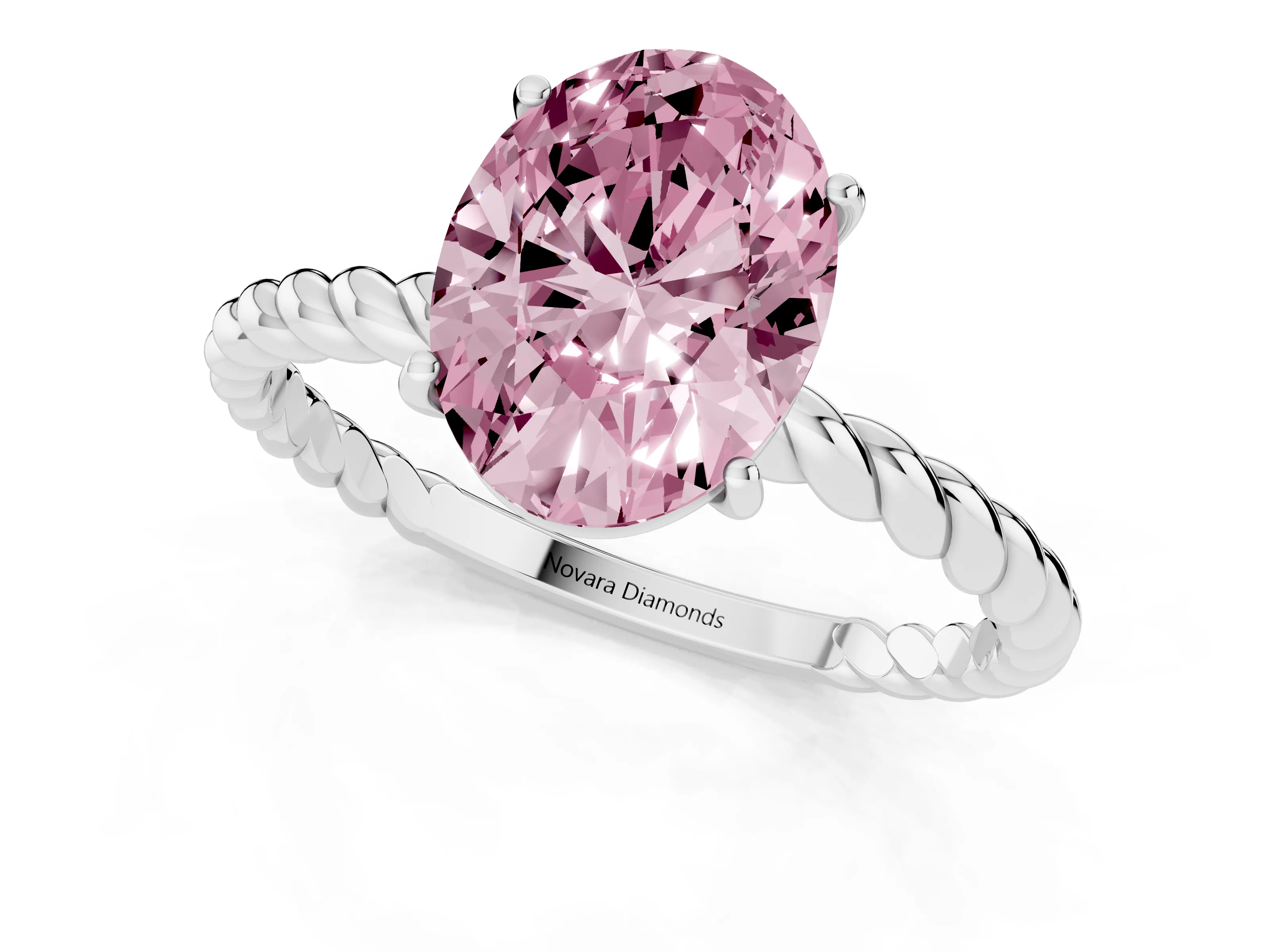 Fancy Pink Oval Cut Diamond Solitaire Ring Set in Platinum with Twist Band and Prong Setting