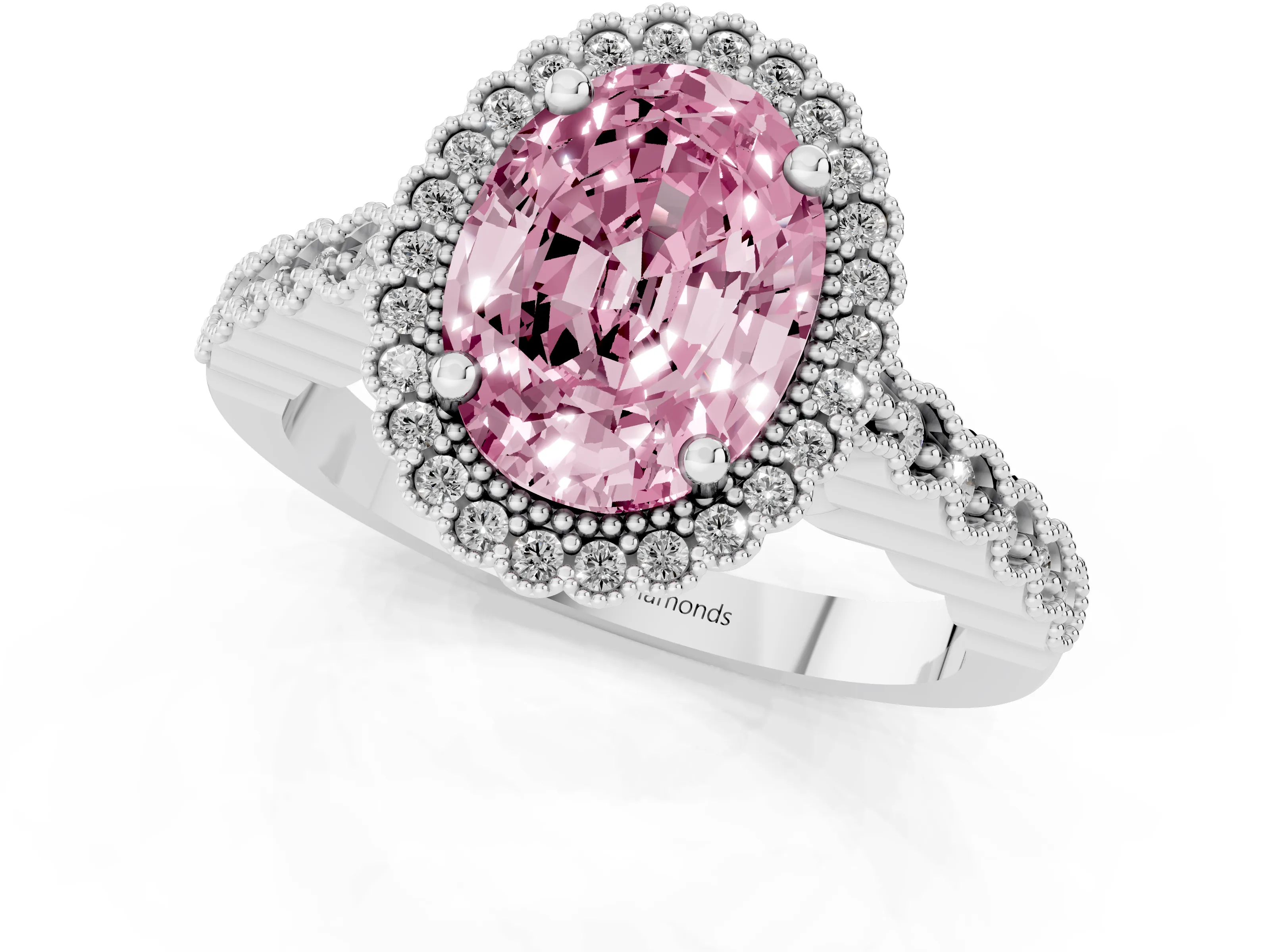 Fancy Pink Oval Cut Diamond Halo Ring Set in Silver with Pavé Milgrain Band