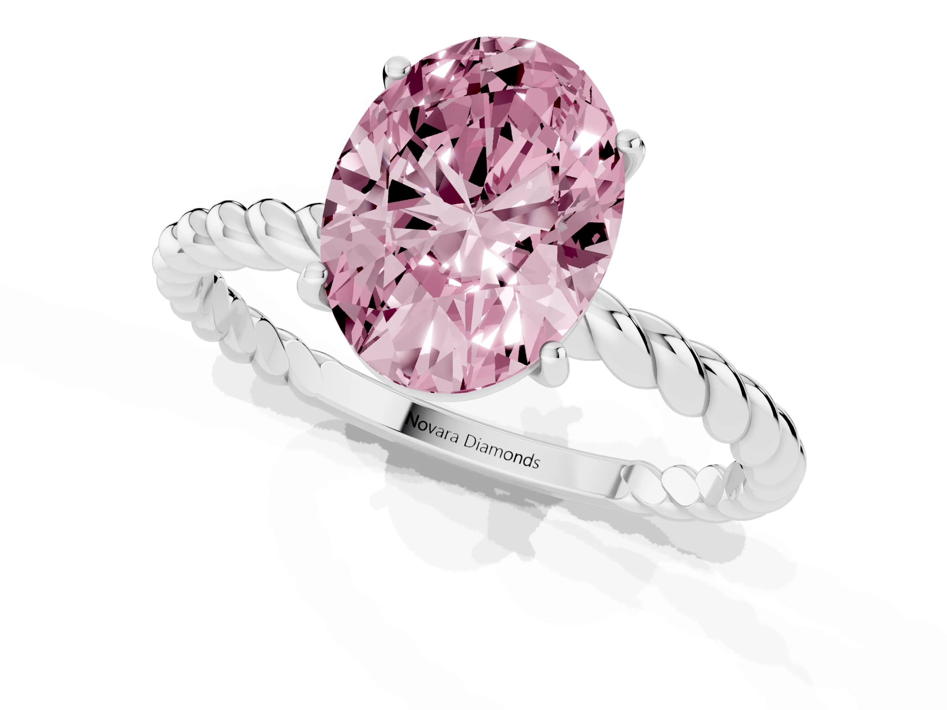 Fancy Pink Oval Cut Diamond Solitaire Twisted Band Ring Set in Silver with Prong Solitaire Setting