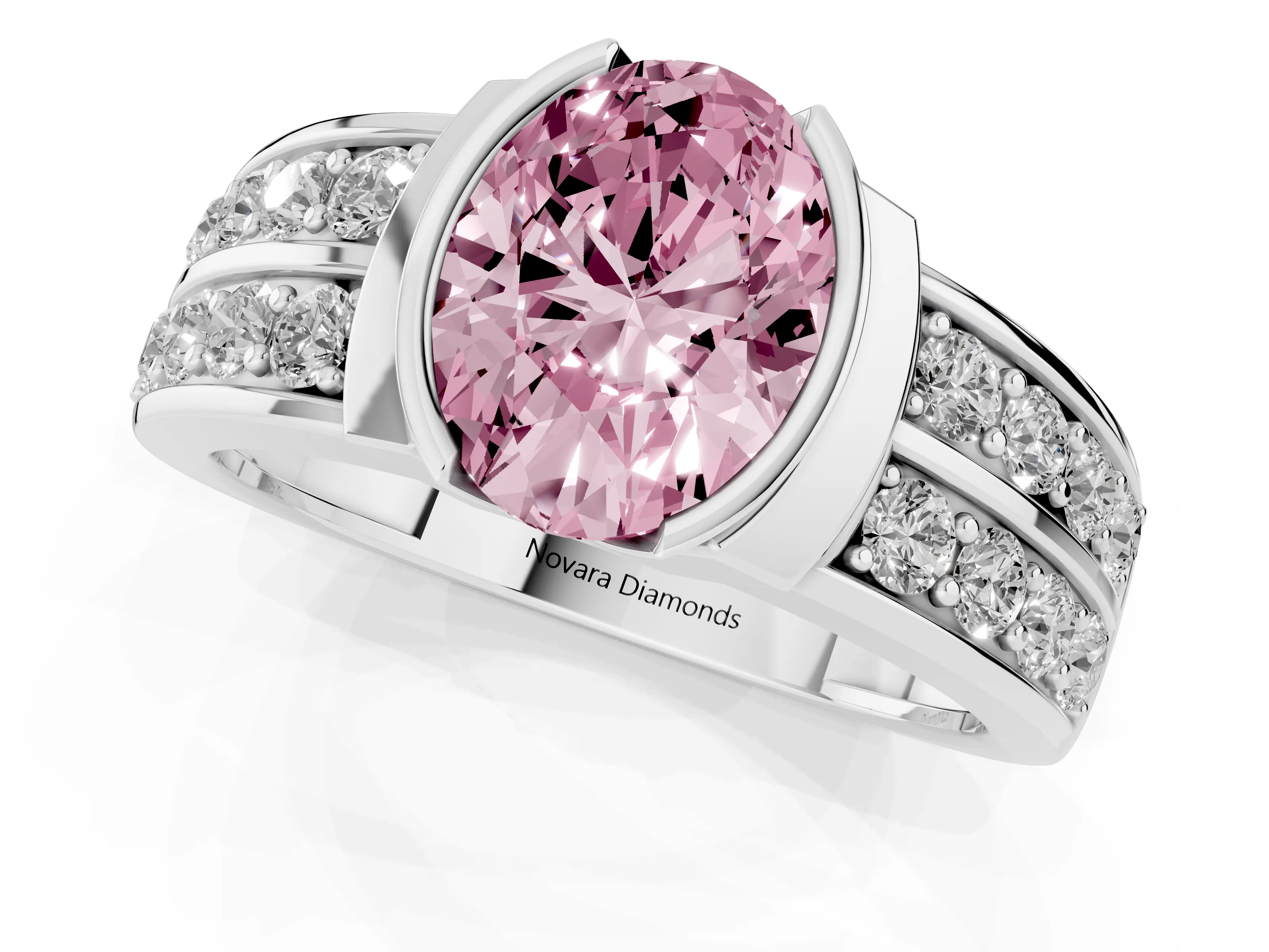 Fancy Pink Oval Cut Diamond Wide Channel Set Band Ring Set in Platinum with Bezel Setting