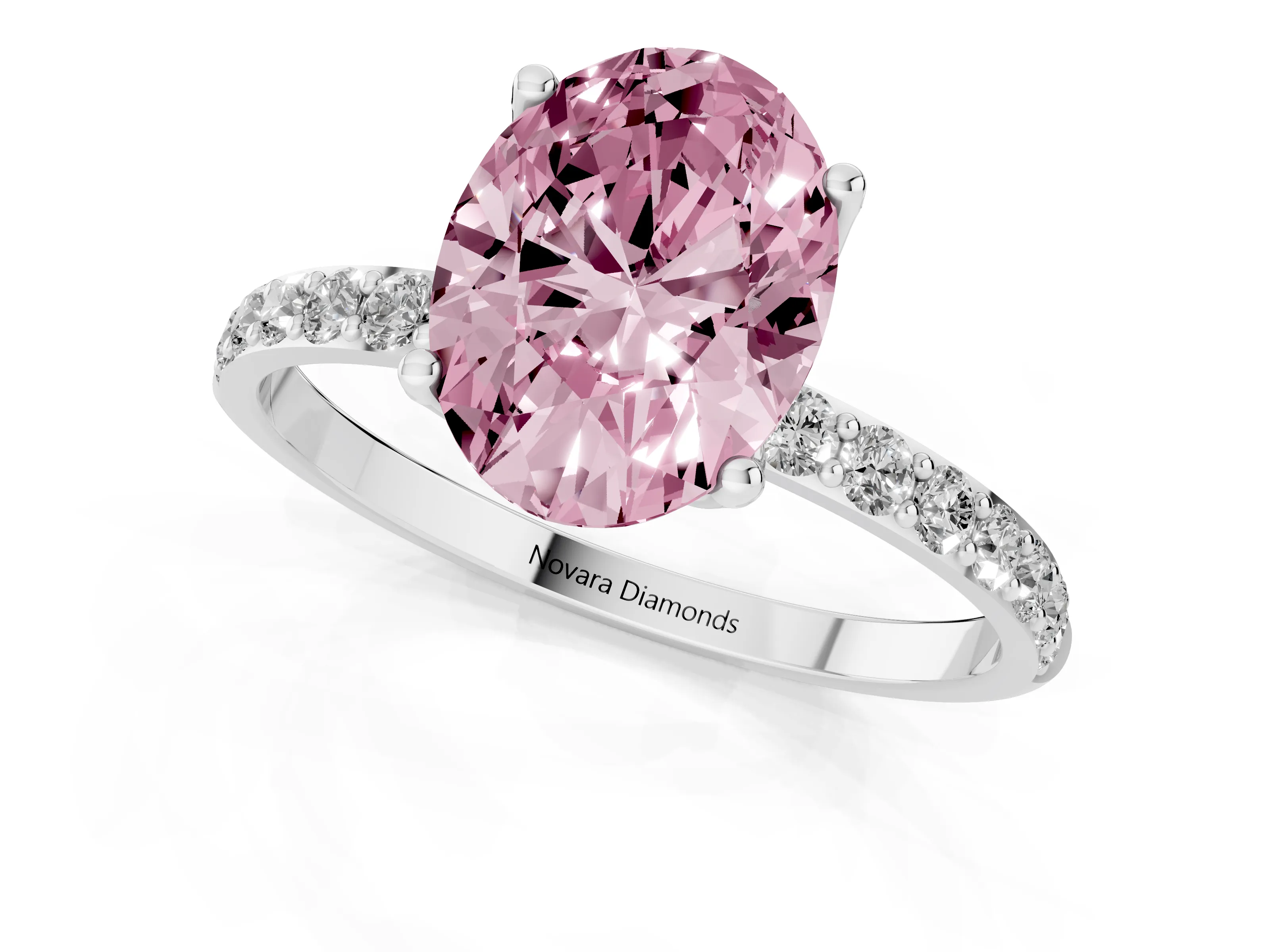 Fancy Pink Oval Cut Diamond Solitaire Engagement Ring Set in Platinum with Round Pavé Band and Prong Setting