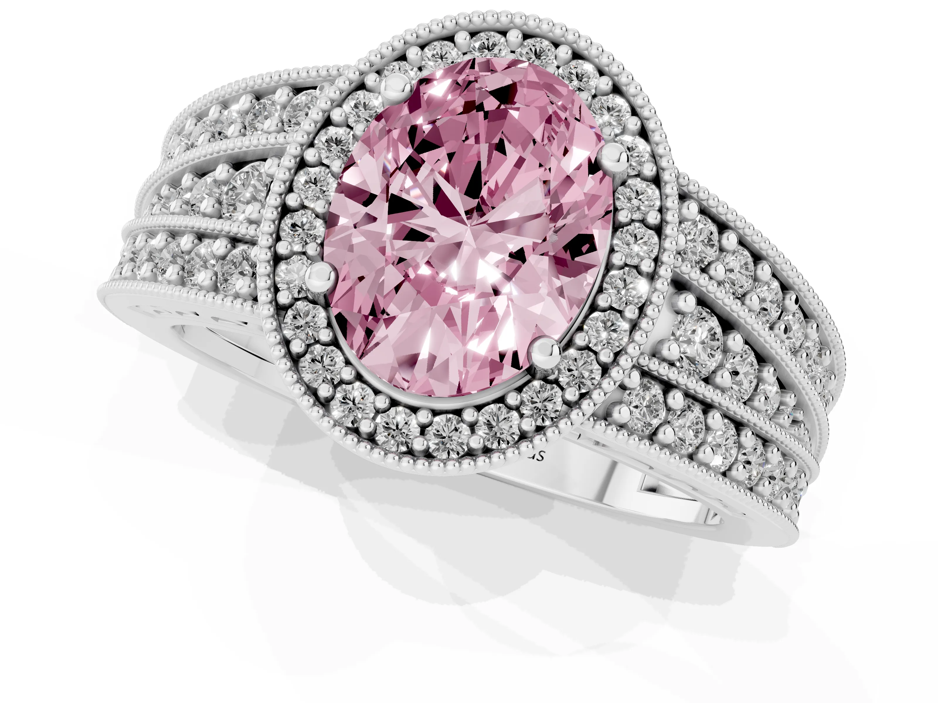 Fancy Pink Oval Cut Diamond Halo Ring Set in White gold with Accent Split Shank and Prong Setting