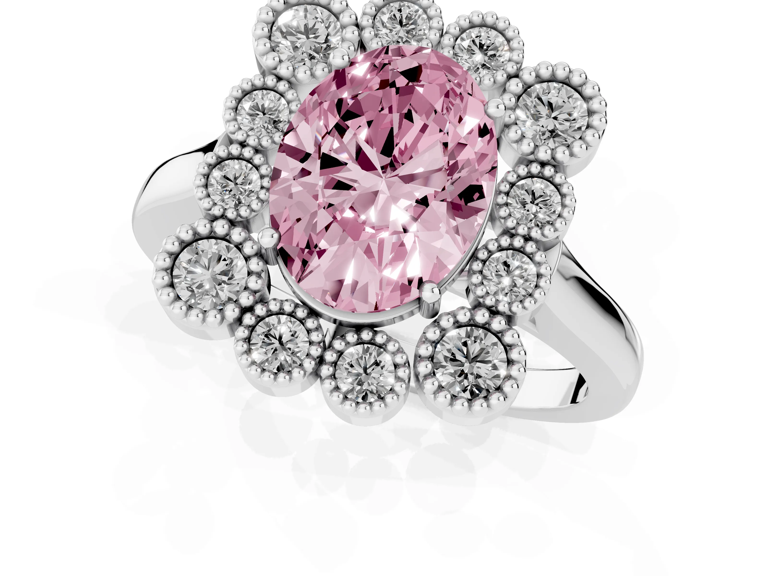 Fancy Pink Oval Cut Diamond Cluster Halo Ring Set in White gold with Milgrain Bezel Accents and Plain Band